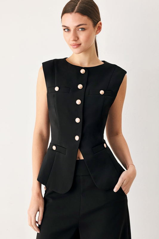 Modern Edge Woven Vest in black, view 1 — Soul Flow Apparel