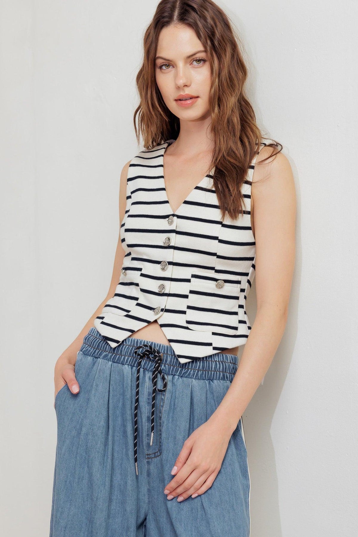 Marine Chic Woven Vest in cream black, view 4 — Soul Flow Apparel