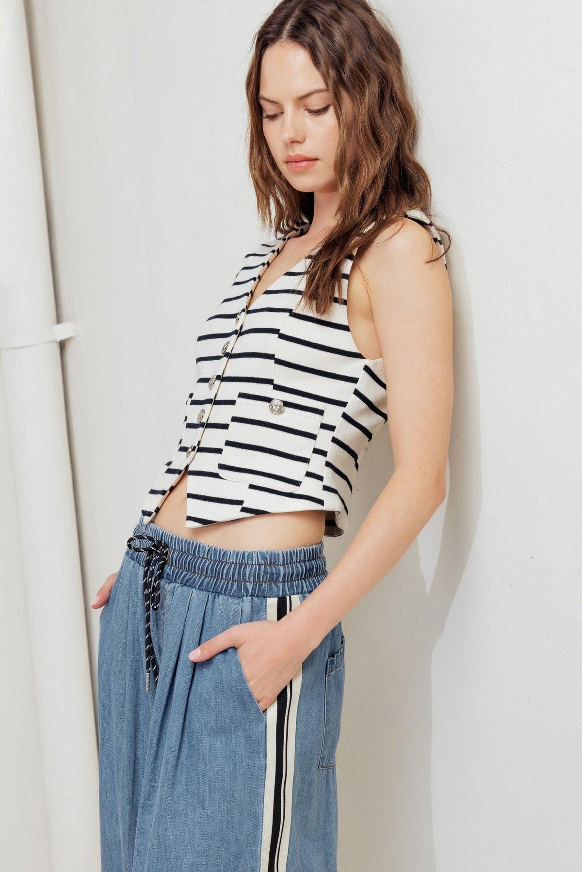 Marine Chic Woven Vest in cream black, view 6 — Soul Flow Apparel