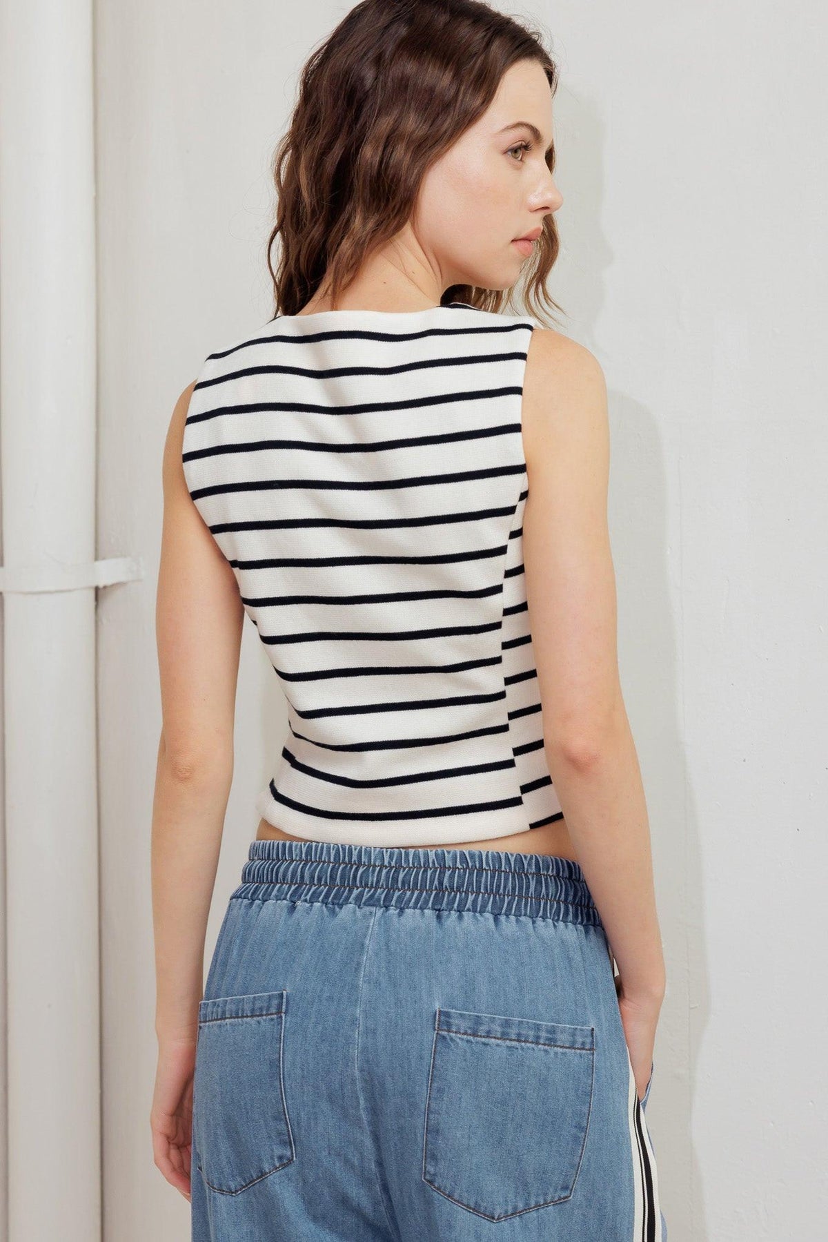 Marine Chic Woven Vest in cream black, view 7 — Soul Flow Apparel