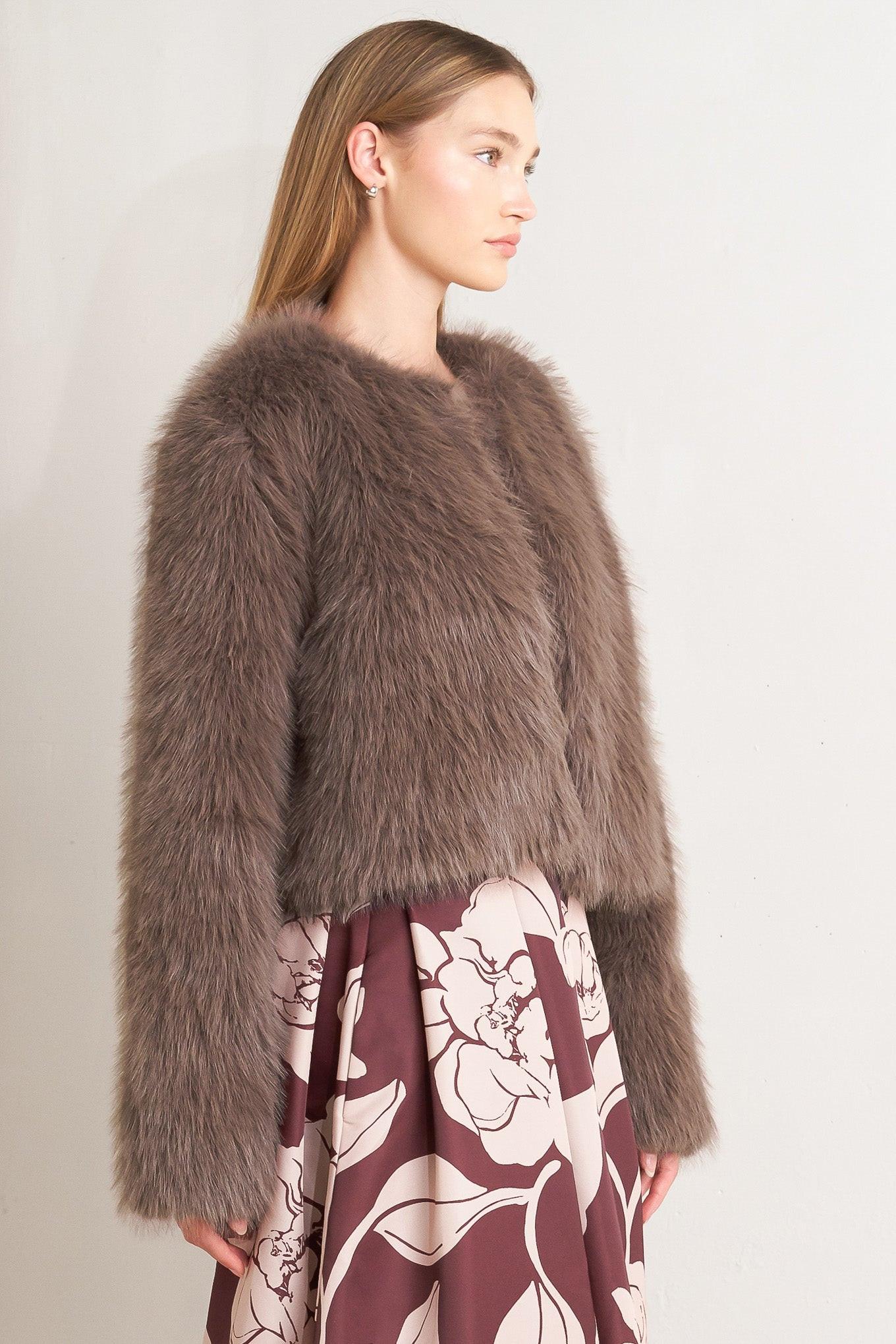 London Flare Mocha Faux Fur Crop Jacket, view 2 — Soul Flow Apparel