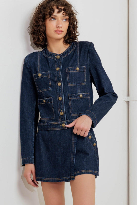 Glam Code Denim Jacket in indigo, view 4 — Soul Flow Apparel