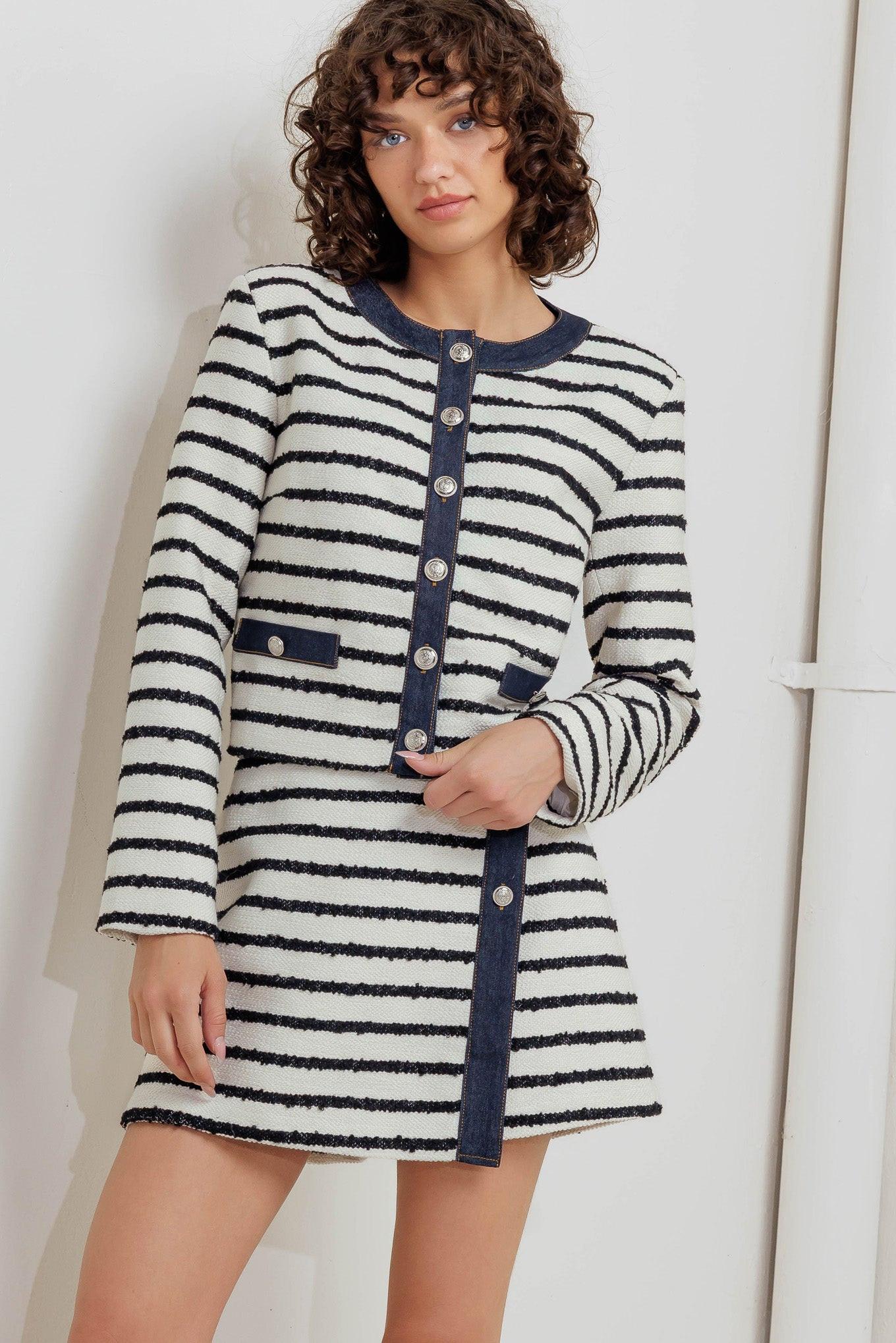 Bonjour Stripe Woven Crop Jacket in white black denim, view 1 — Soul Flow Apparel