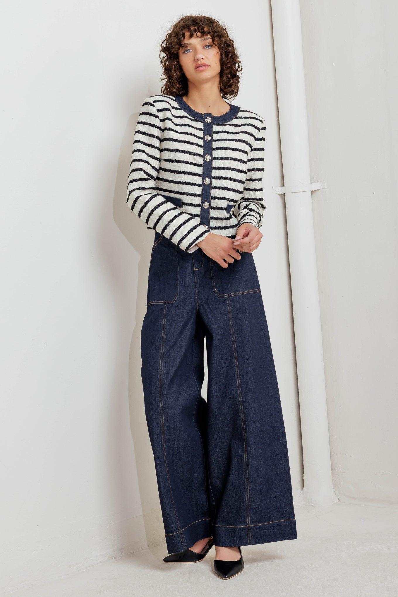 Bonjour Stripe Woven Crop Jacket in white black denim, view 2 — Soul Flow Apparel