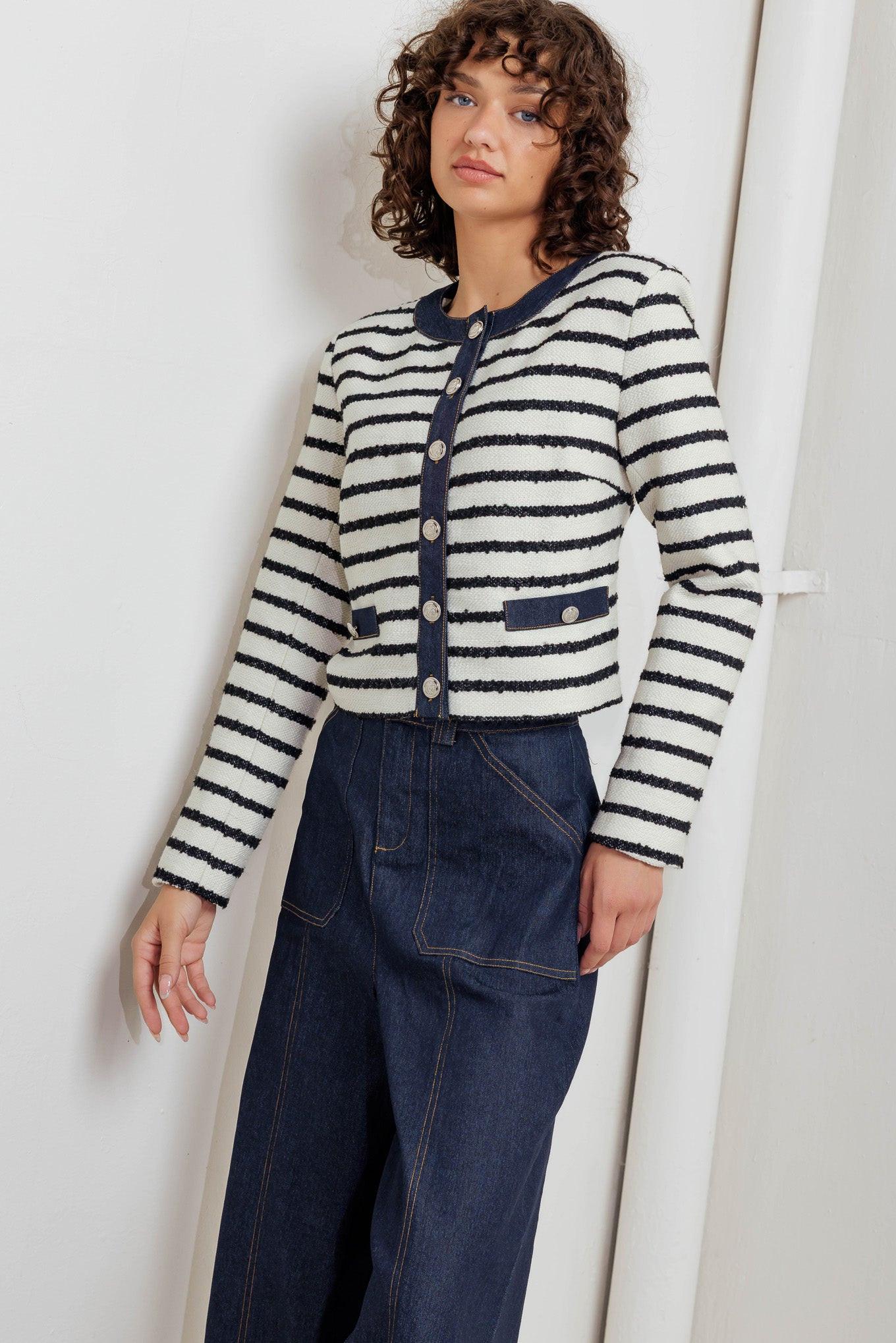 Bonjour Stripe Woven Crop Jacket in white black denim, view 3 — Soul Flow Apparel