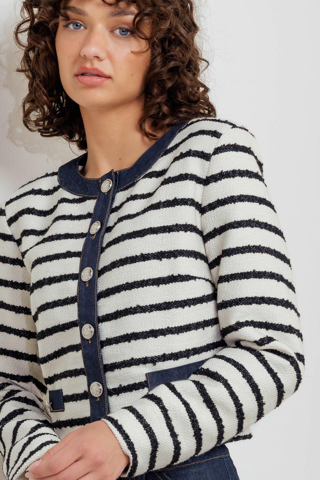 Bonjour Stripe Woven Crop Jacket in white black denim, view 4 — Soul Flow Apparel