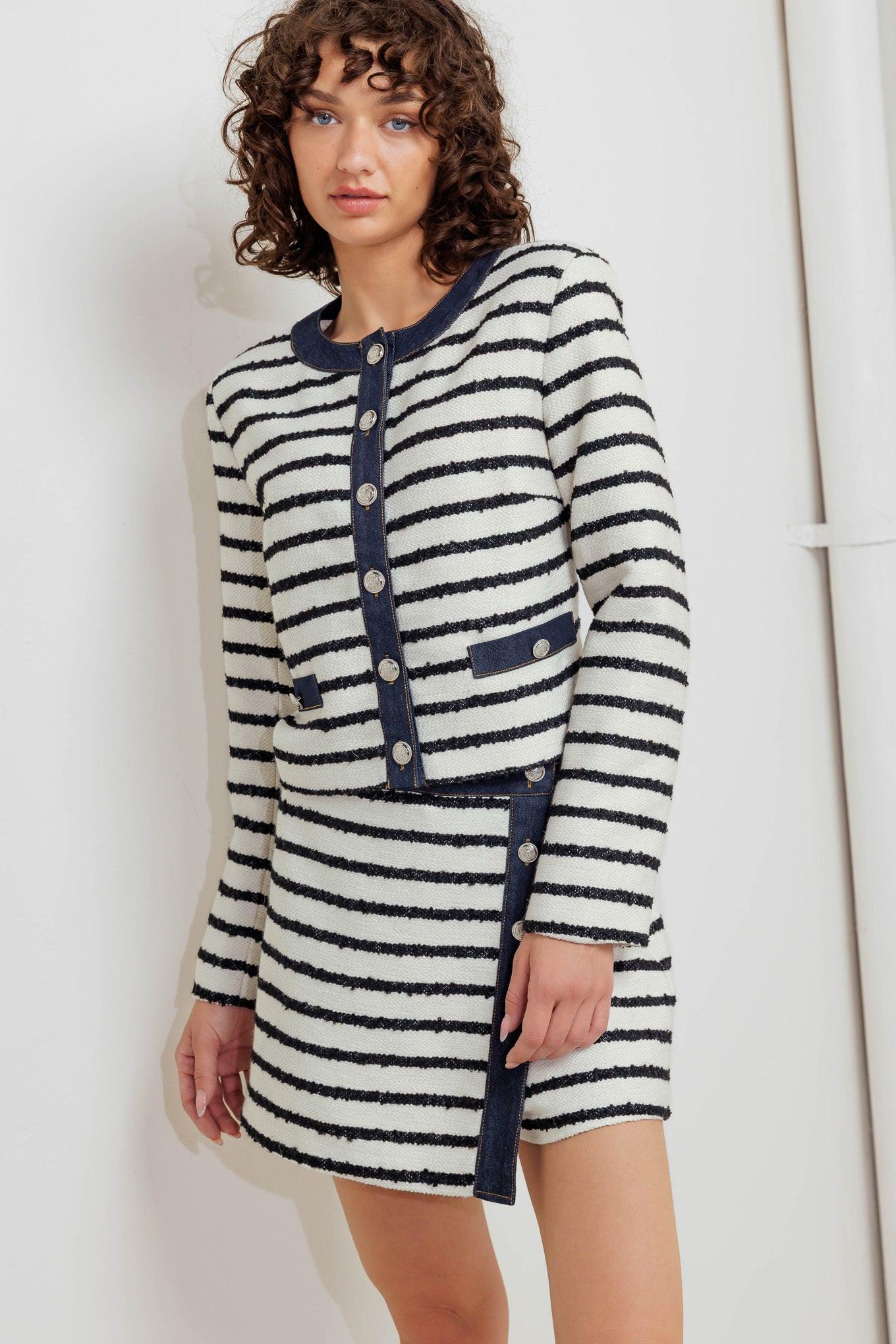 Bonjour Stripe Woven Crop Jacket in white black denim, view 6 — Soul Flow Apparel