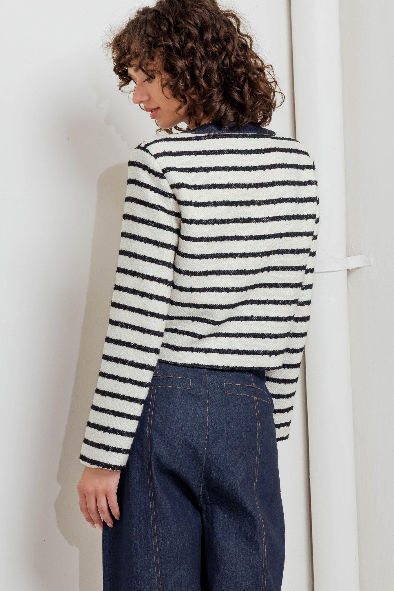 Bonjour Stripe Woven Crop Jacket in white black denim, view 8 — Soul Flow Apparel