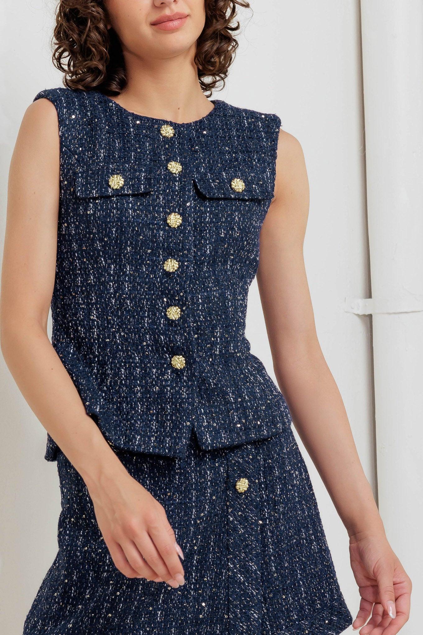 Parisian Tweed Navy Woven Tweed Vest, view 3 — Soul Flow Apparel