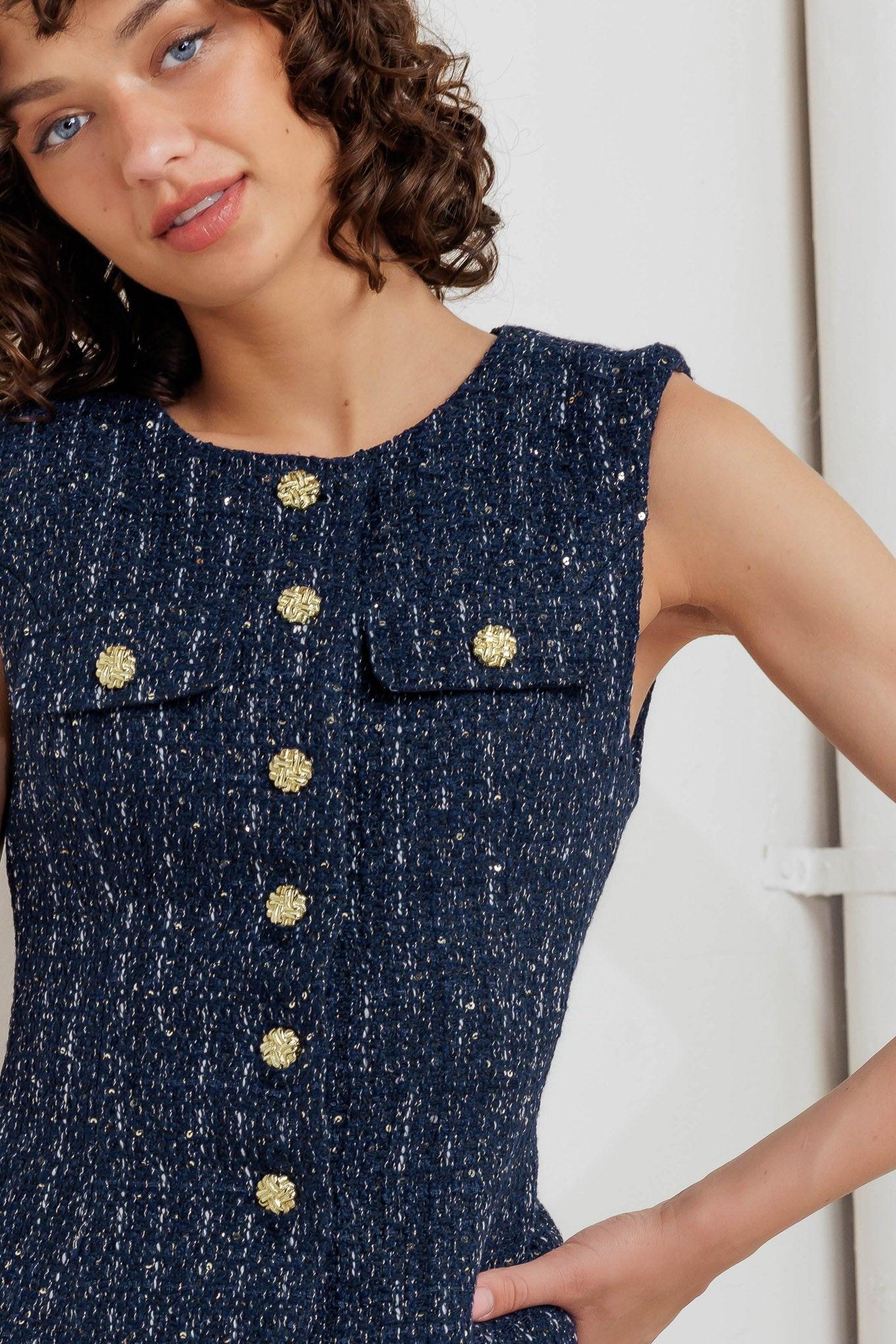Parisian Tweed Navy Woven Tweed Vest, view 5 — Soul Flow Apparel