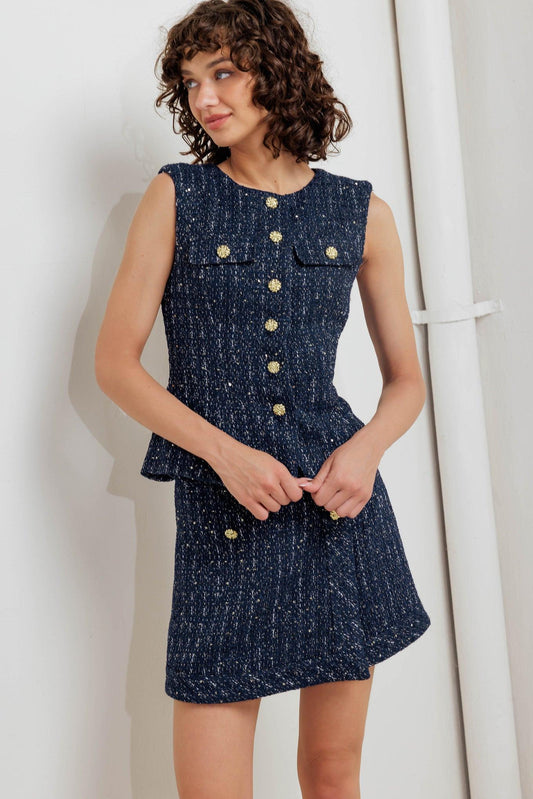 Parisian Tweed Navy Woven Tweed Vest, view 6 — Soul Flow Apparel