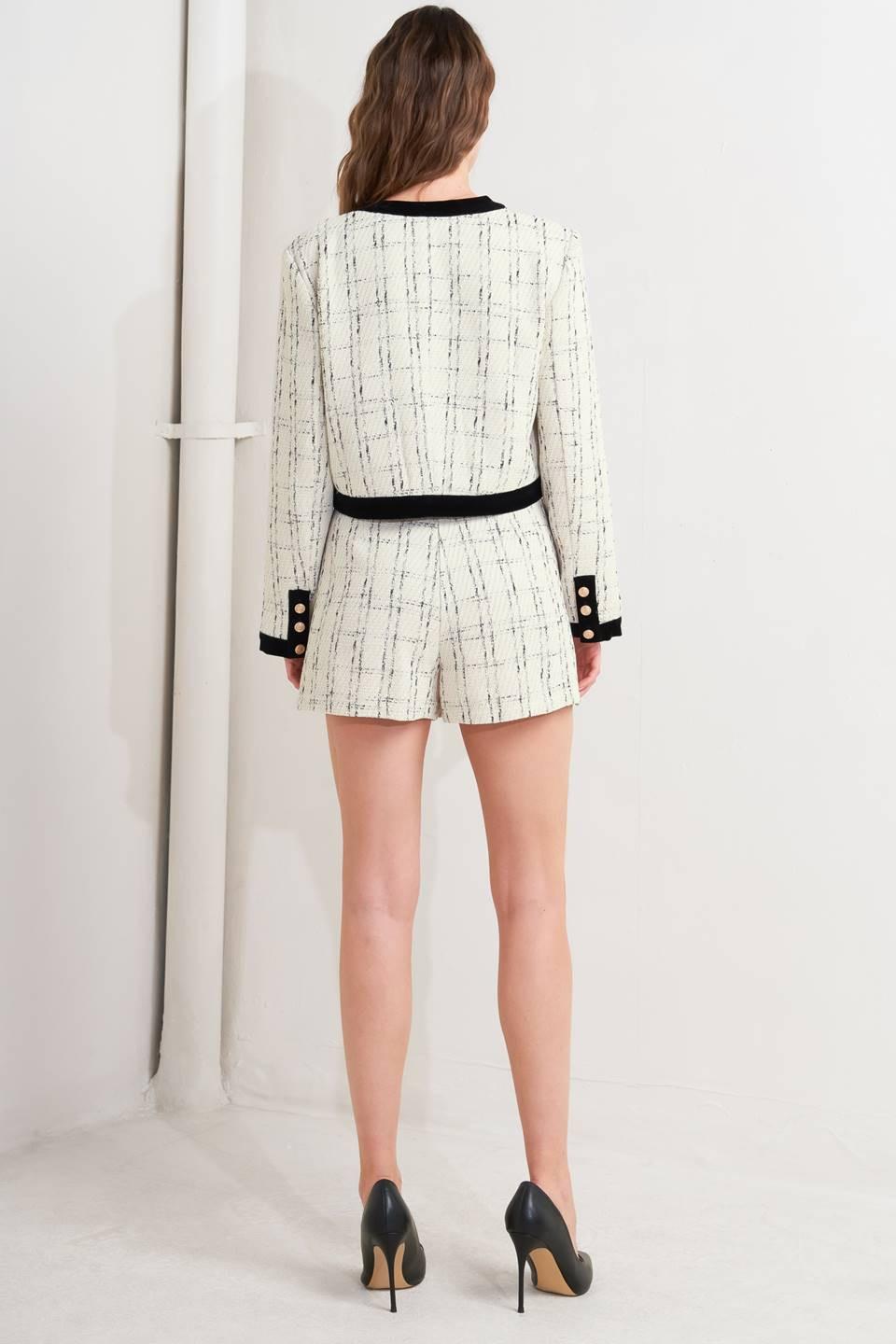 Paris Bound Woven Tweed Crop Jacket in cream black, view 2 — Soul Flow Apparel
