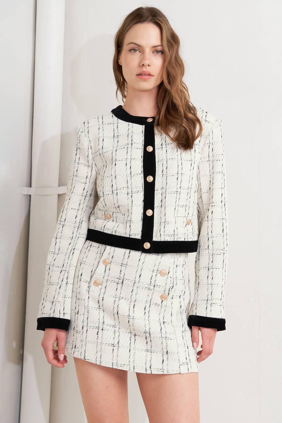 Paris Bound Woven Tweed Crop Jacket in cream black, view 3 — Soul Flow Apparel