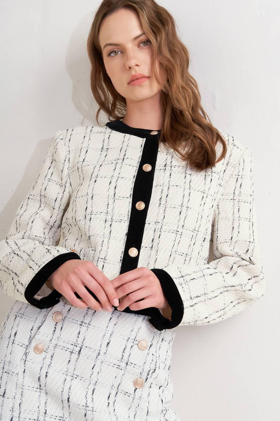 Paris Bound Woven Tweed Crop Jacket in cream black, view 4 — Soul Flow Apparel