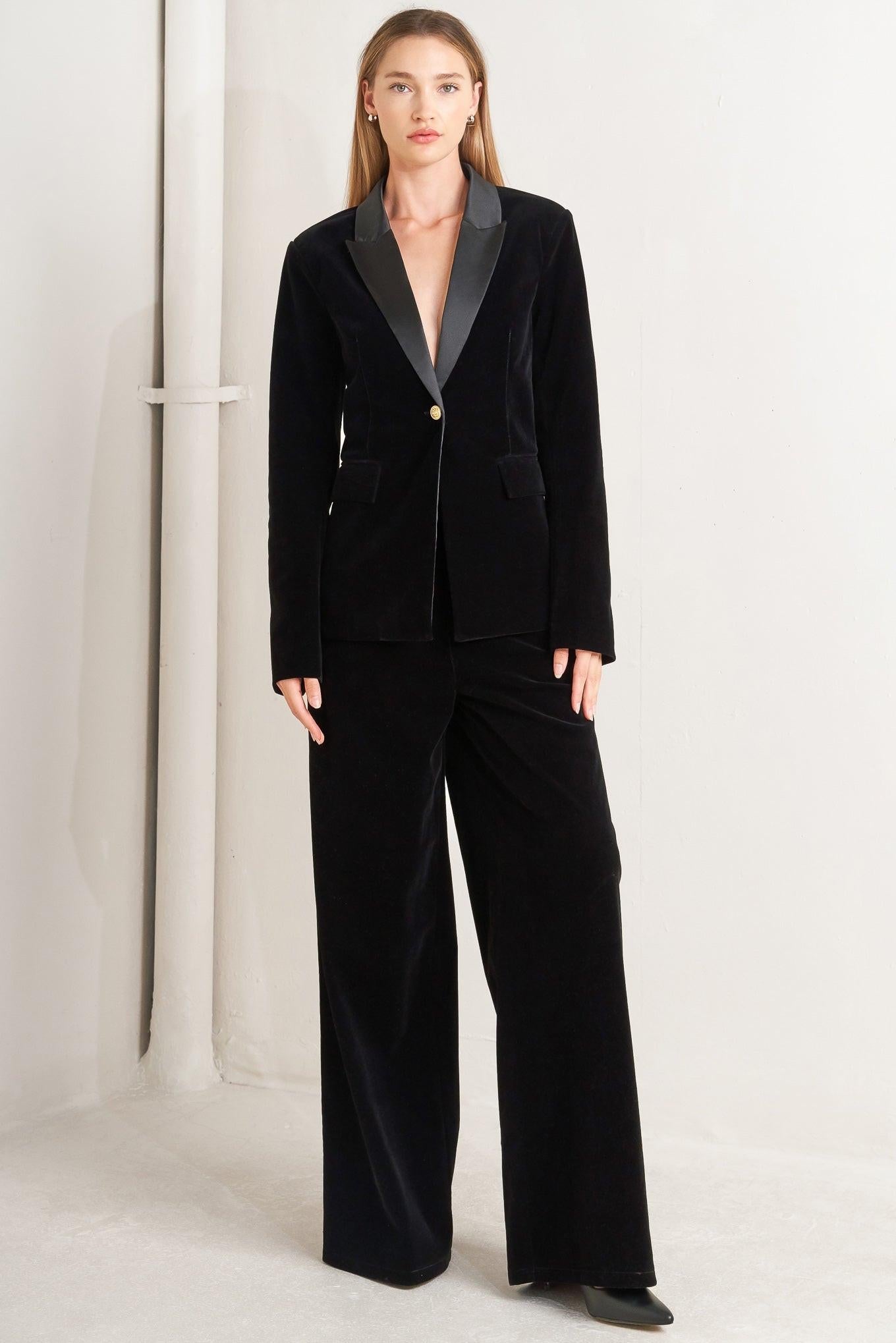Midnight Tux Woven Velvet Blazer in black, view 2 — Soul Flow Apparel