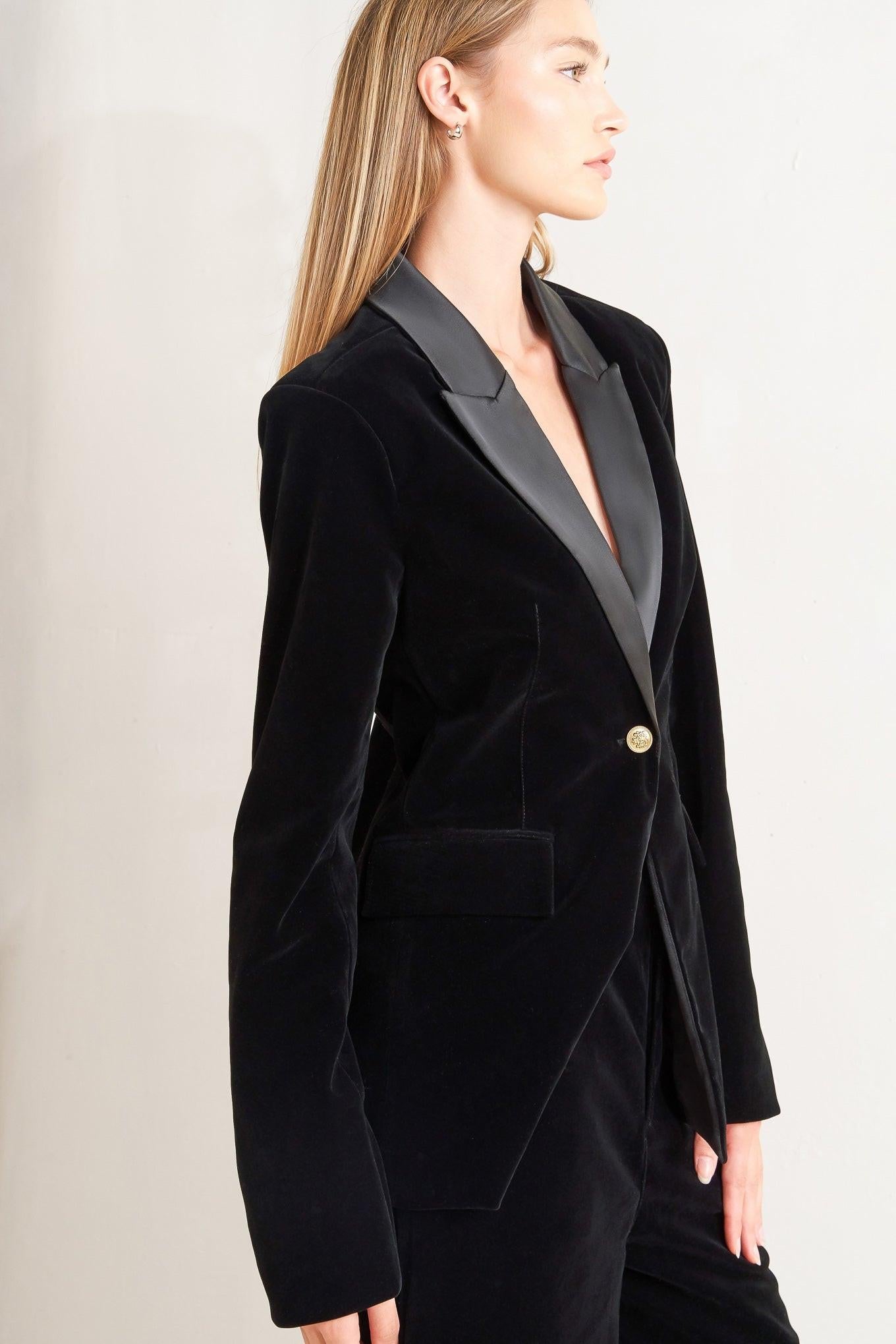 Midnight Tux Woven Velvet Blazer in black, view 5 — Soul Flow Apparel