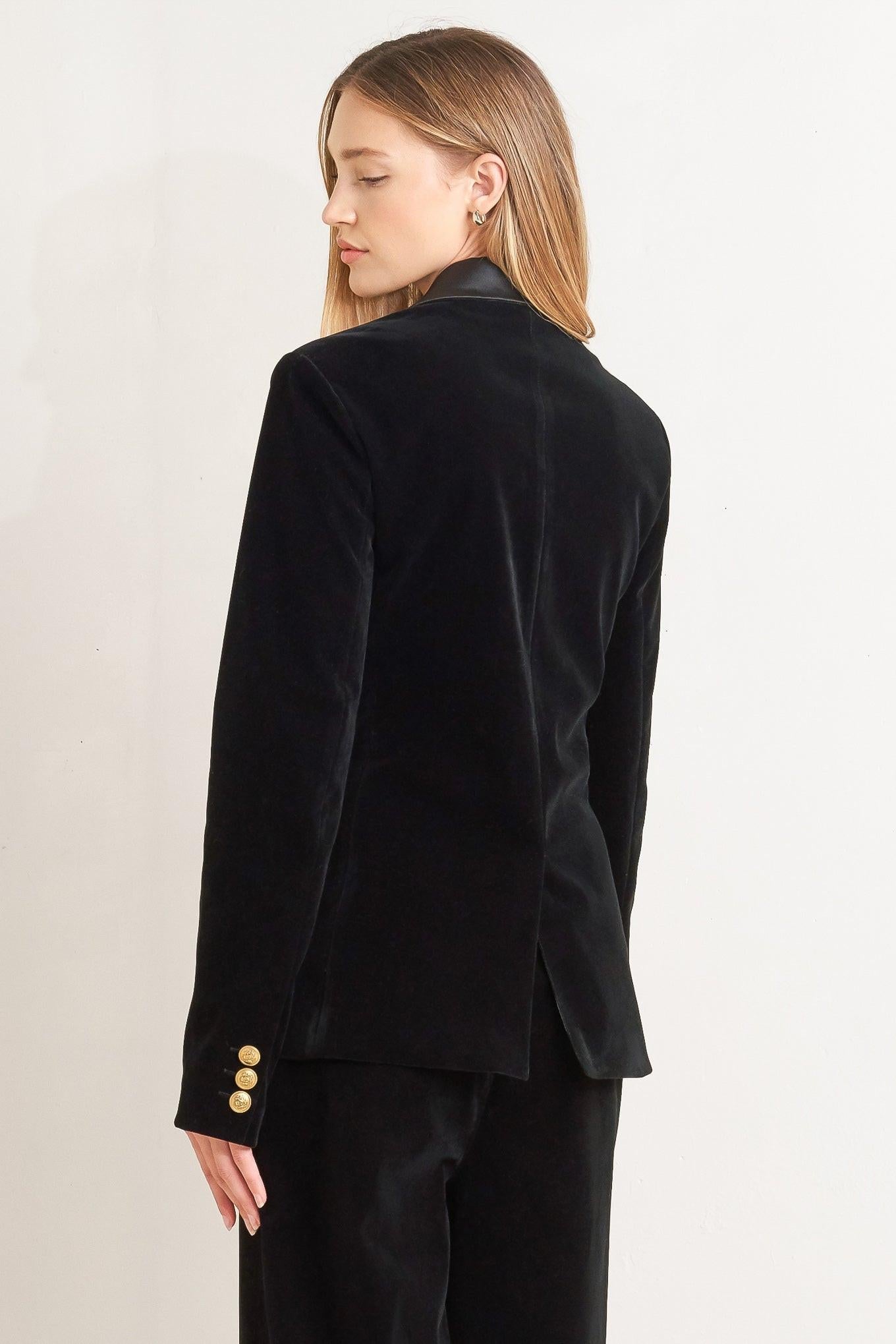 Midnight Tux Woven Velvet Blazer in black, view 6 — Soul Flow Apparel