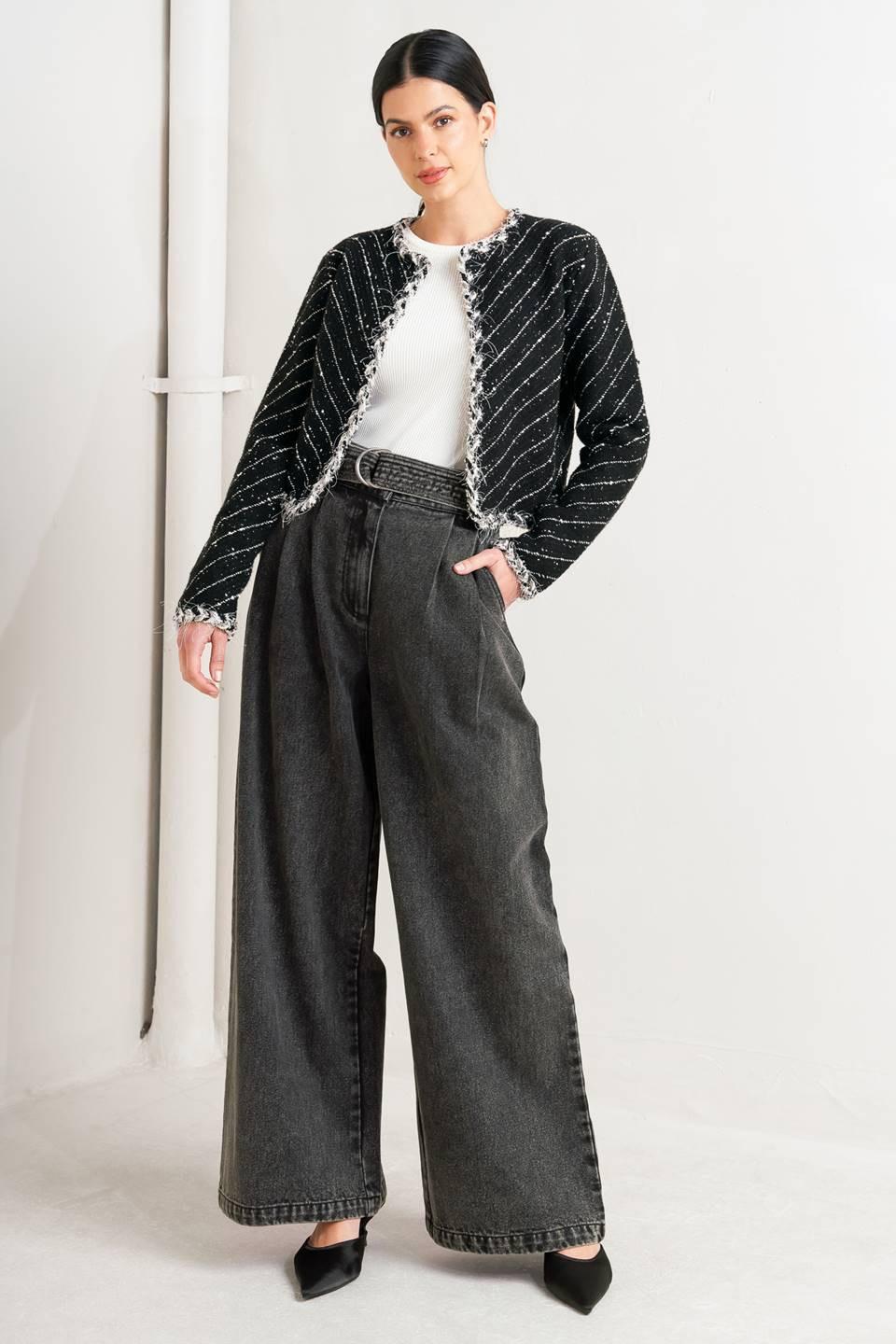 Noir Linear Sweater Knit Jacket in black, view 1 — Soul Flow Apparel