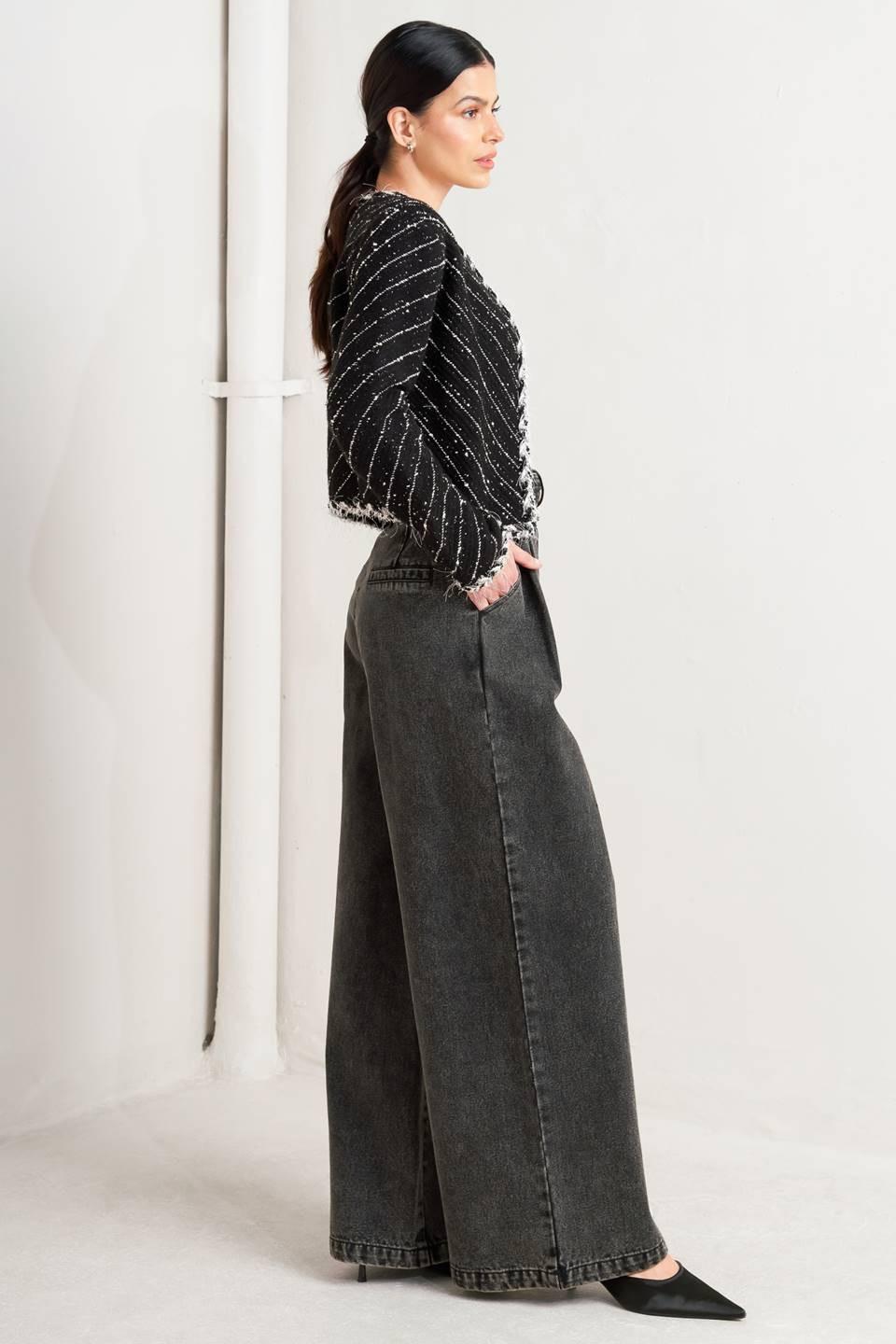 Noir Linear Sweater Knit Jacket in black, view 2 — Soul Flow Apparel