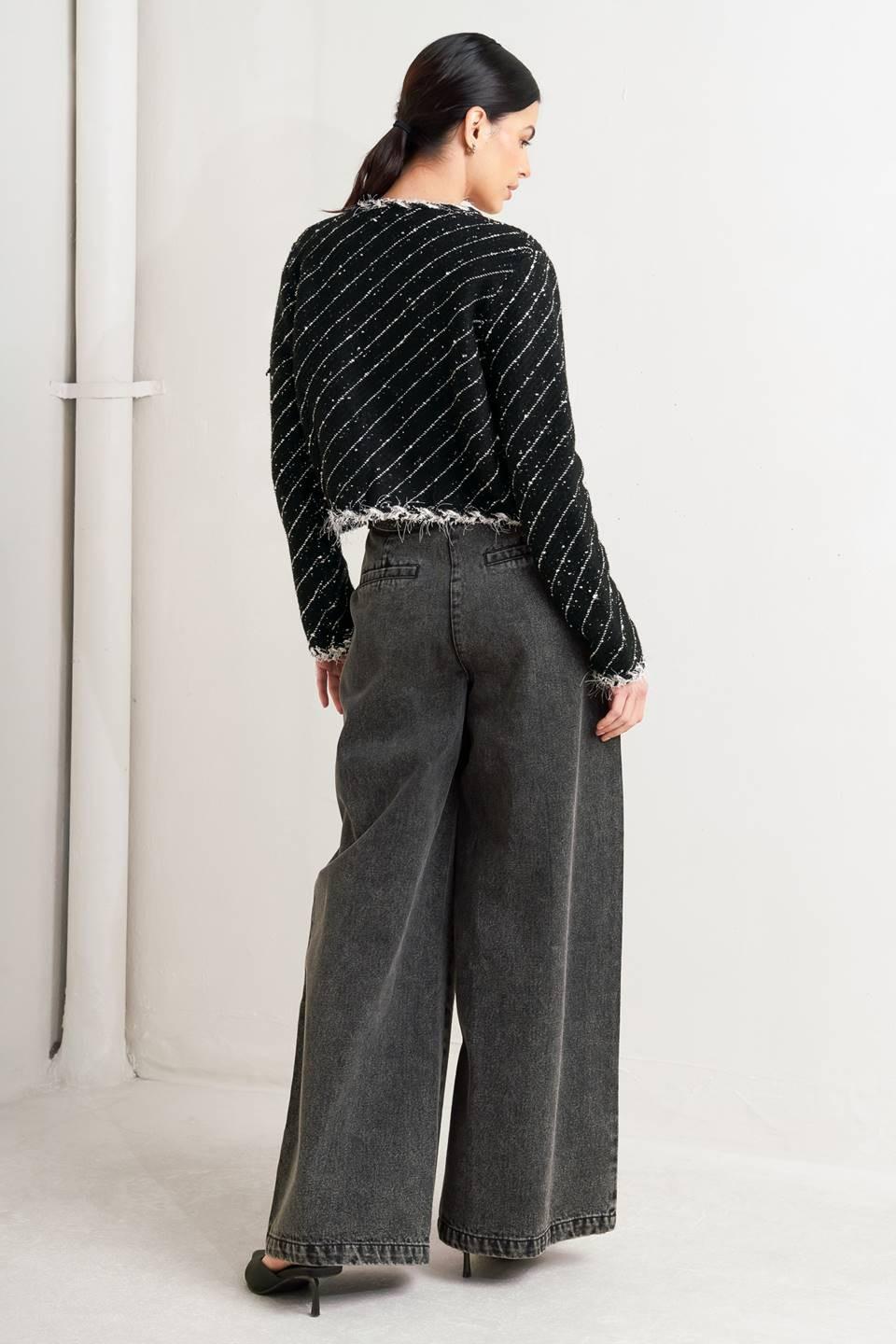 Noir Linear Sweater Knit Jacket in black, view 3 — Soul Flow Apparel