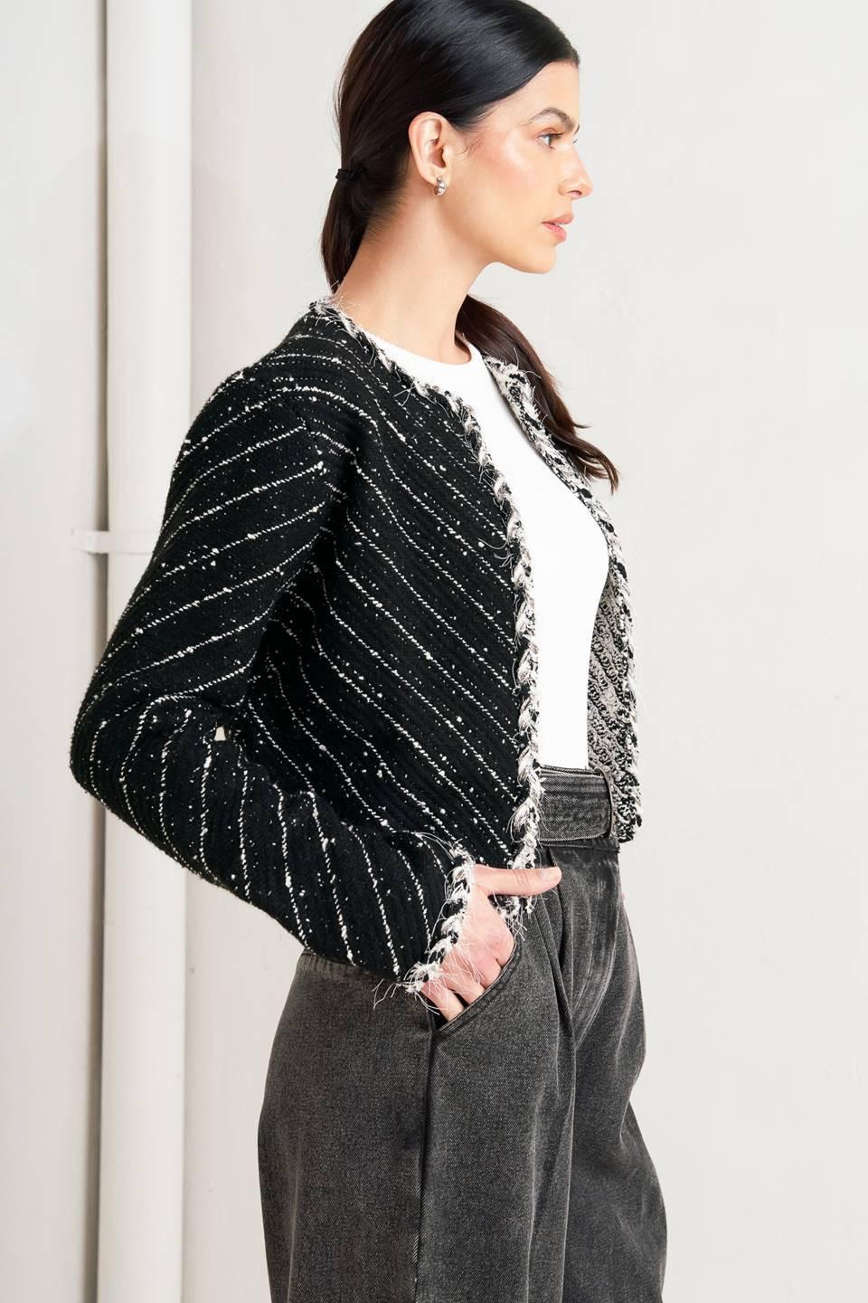 Noir Linear Sweater Knit Jacket in black, view 5 — Soul Flow Apparel
