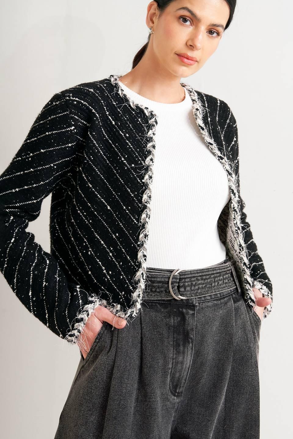Noir Linear Sweater Knit Jacket in black, view 6 — Soul Flow Apparel