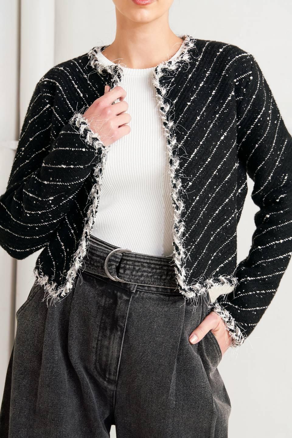 Noir Linear Sweater Knit Jacket in black, view 7 — Soul Flow Apparel