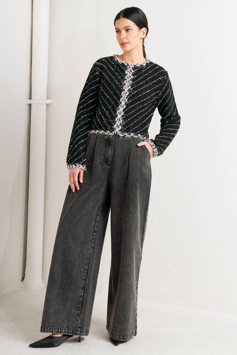 Noir Linear Sweater Knit Jacket in black, view 8 — Soul Flow Apparel