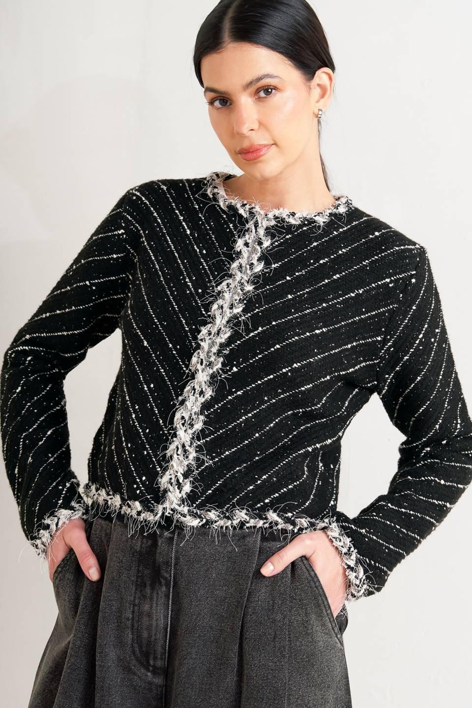 Noir Linear Sweater Knit Jacket in black, view 9 — Soul Flow Apparel