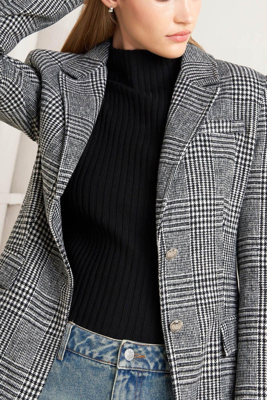 City Checkline Woolen Woven Jacket in black white, view 2 — Soul Flow Apparel