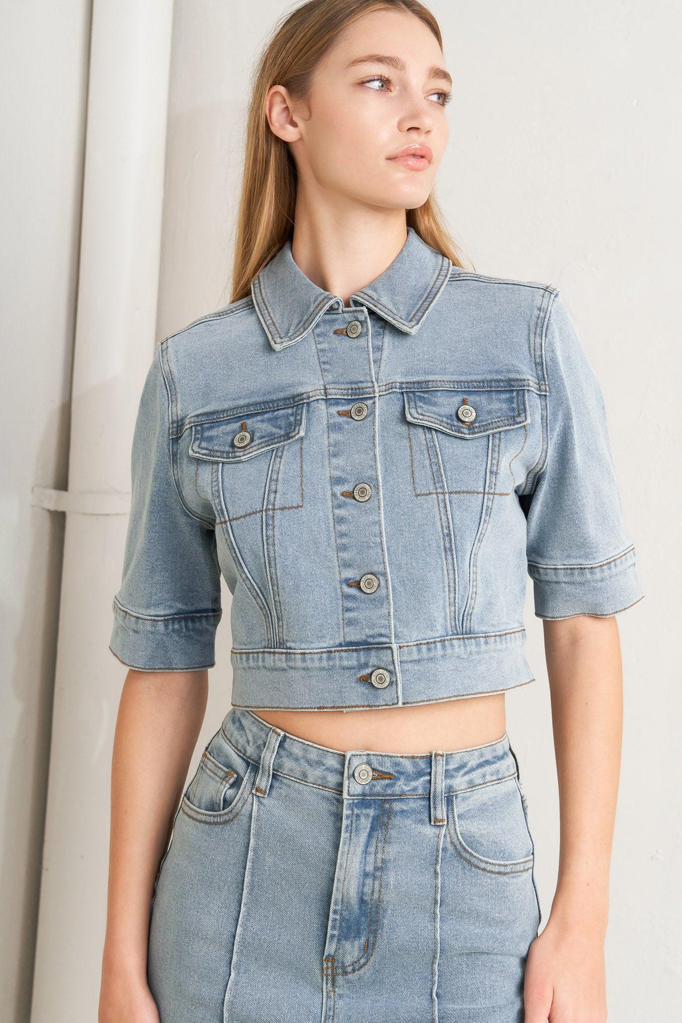 Modern Neutral Denim Jacket in light, view 1 — Soul Flow Apparel