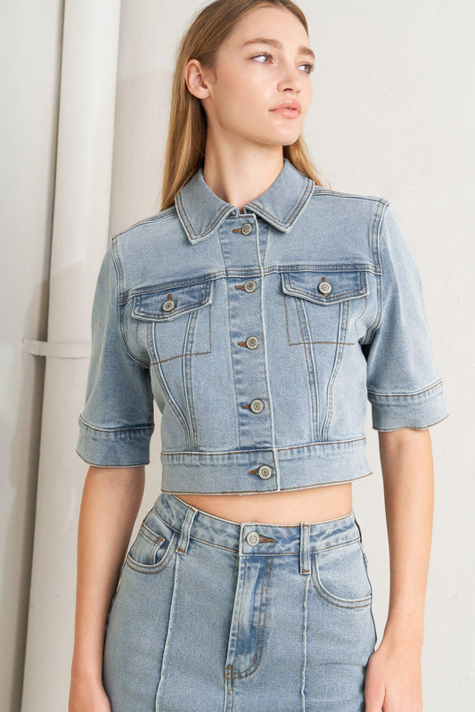 Modern Neutral Denim Jacket in light, view 1 — Soul Flow Apparel