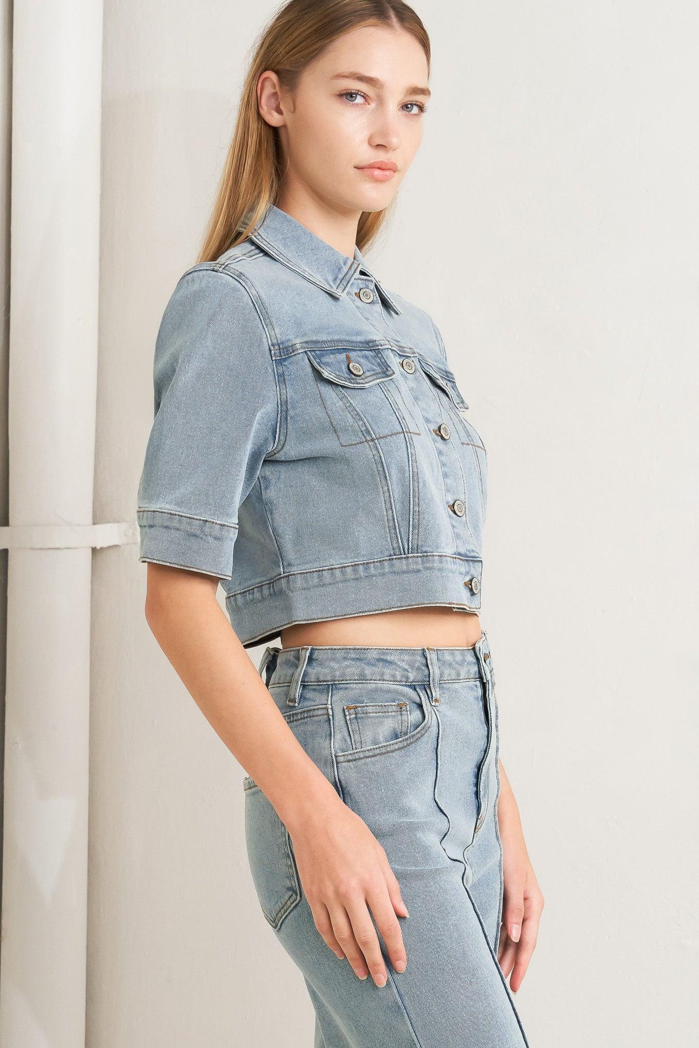 Modern Neutral Denim Jacket in light, view 3 — Soul Flow Apparel