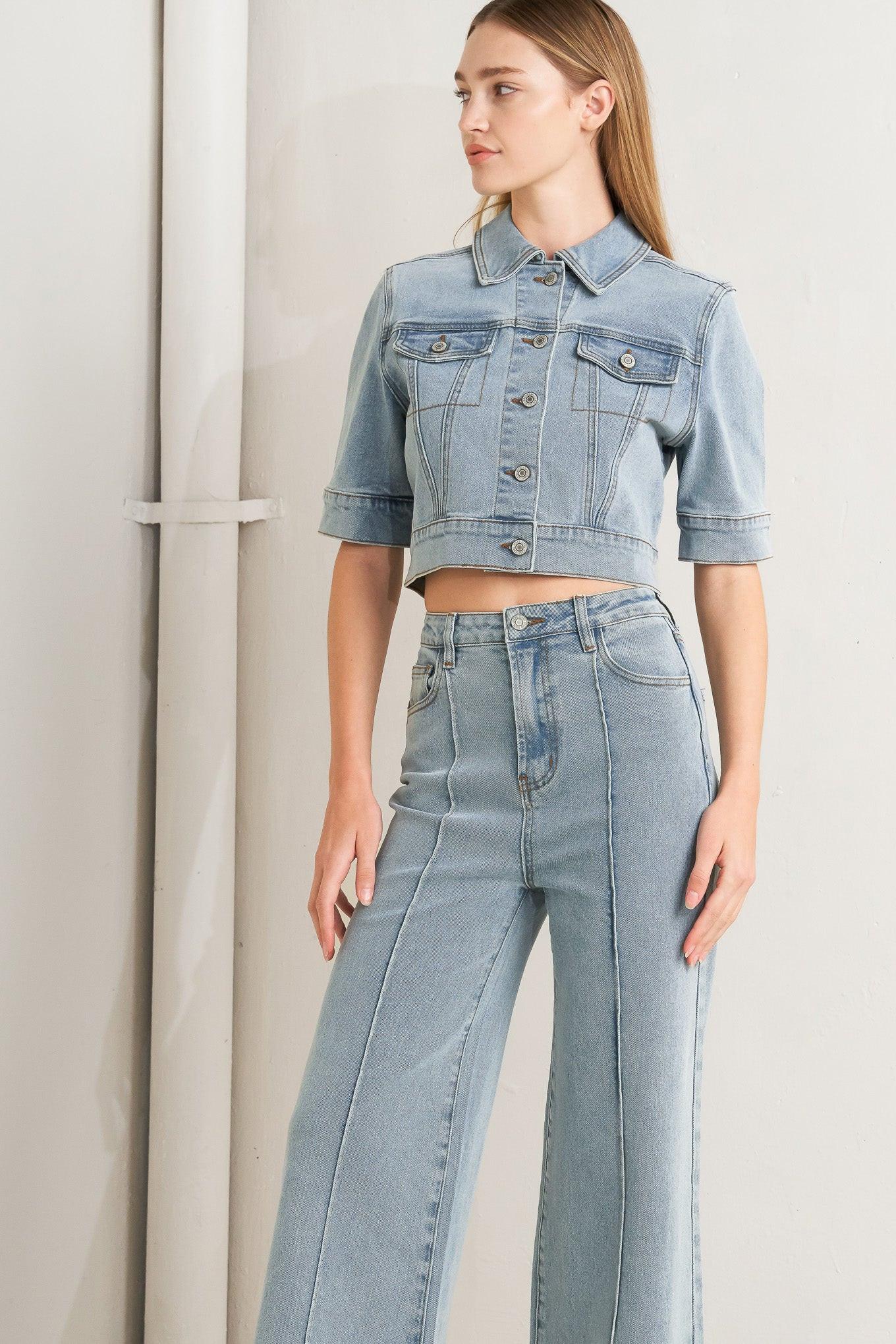 Modern Neutral Denim Jacket in light, view 4 — Soul Flow Apparel