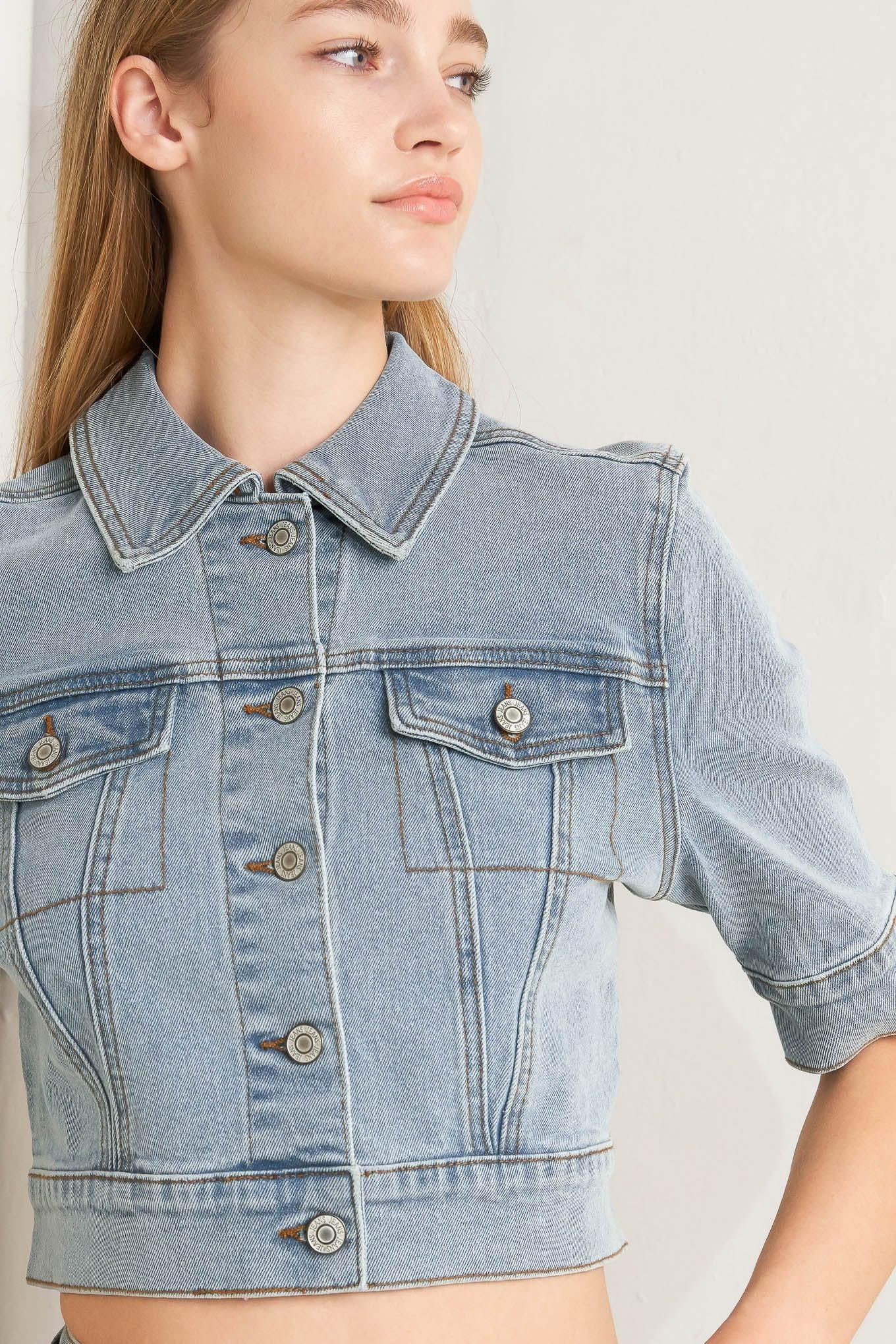 Modern Neutral Denim Jacket in light, view 5 — Soul Flow Apparel
