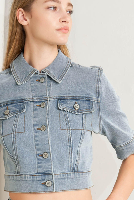 Modern Neutral Denim Jacket in light, view 5 — Soul Flow Apparel