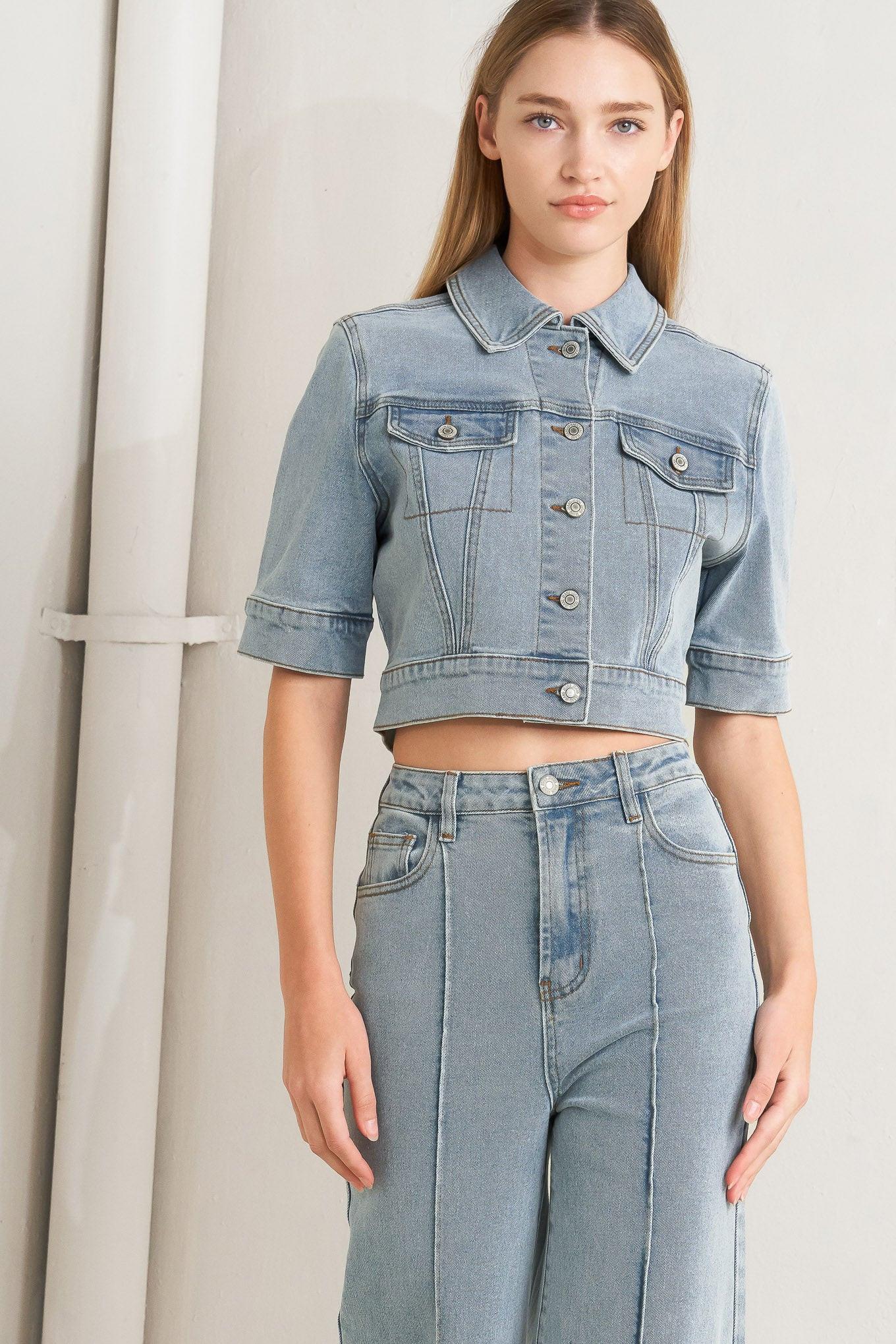Modern Neutral Denim Jacket in light, view 6 — Soul Flow Apparel