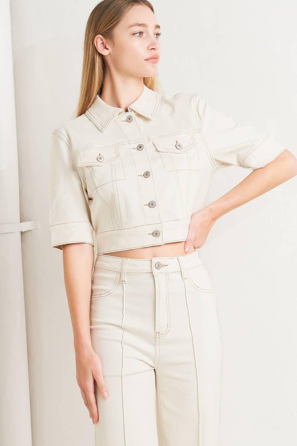 Modern Neutral Twill Jacket in ecru, view 1 — Soul Flow Apparel