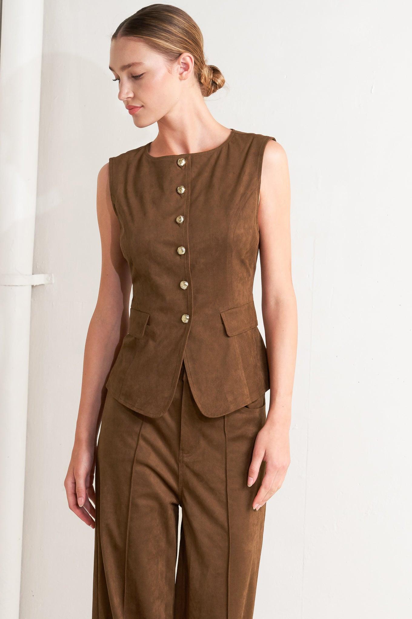 Brown Sugar Faux Suede Vest, view 1 — Soul Flow Apparel