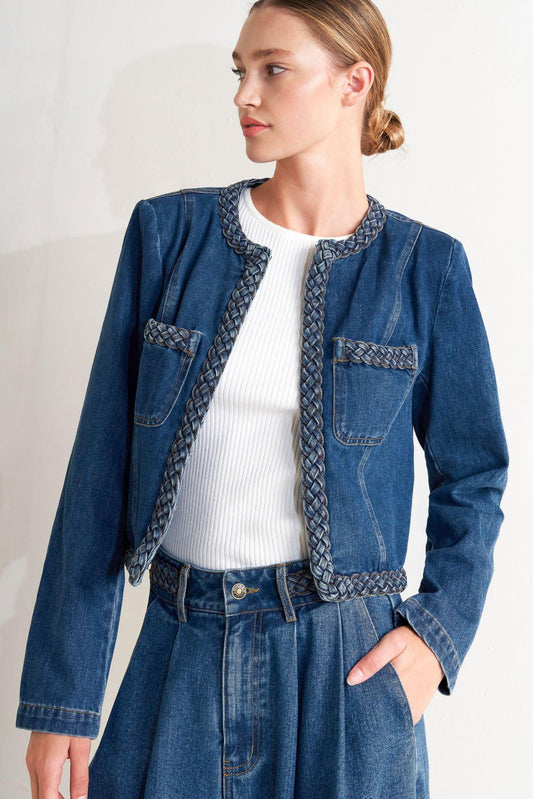 Heritage Twist Denim Jacket in blue, view 1 — Soul Flow Apparel