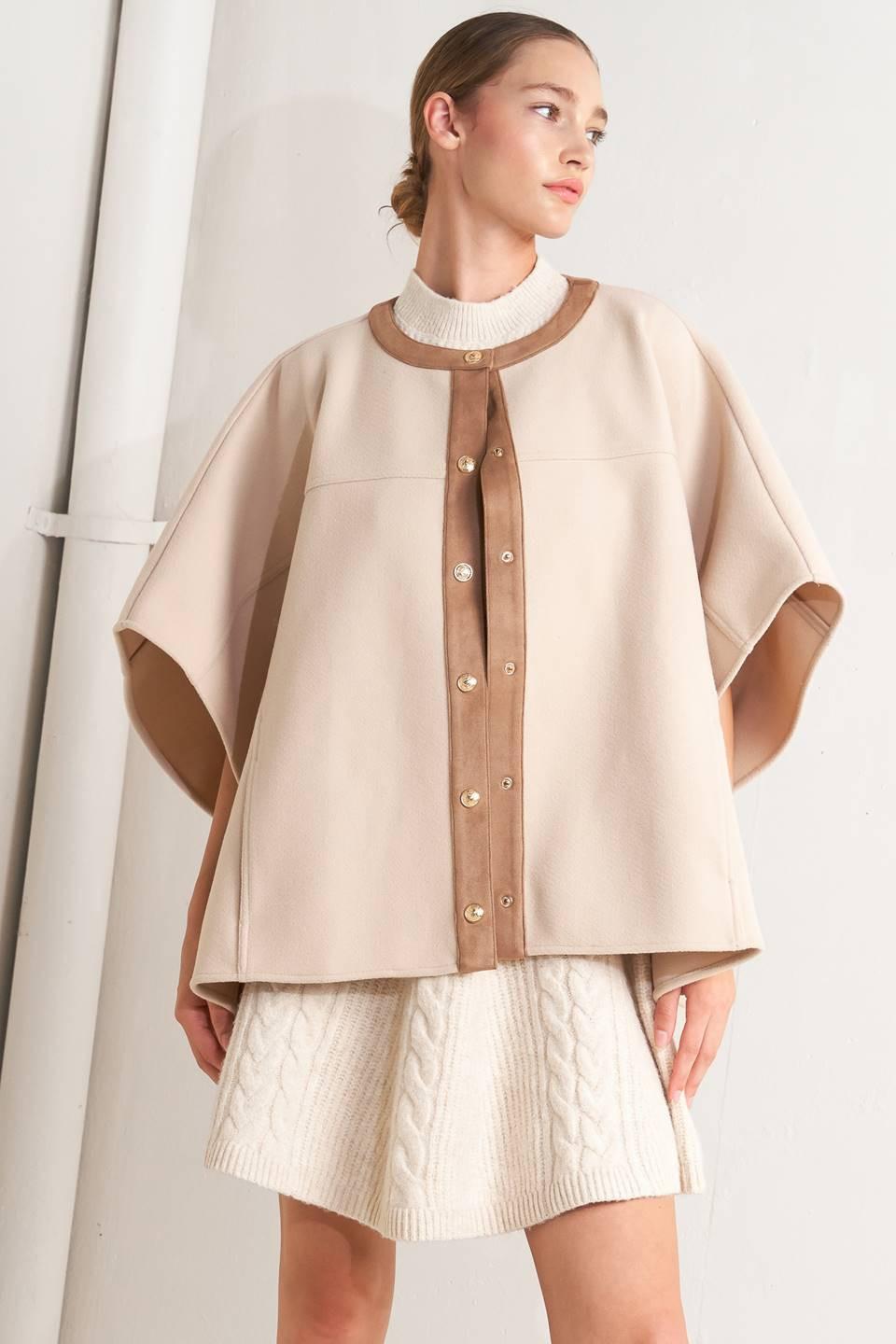 Timeless Elegance Woven Felt Capelet in taupe, view 1 — Soul Flow Apparel