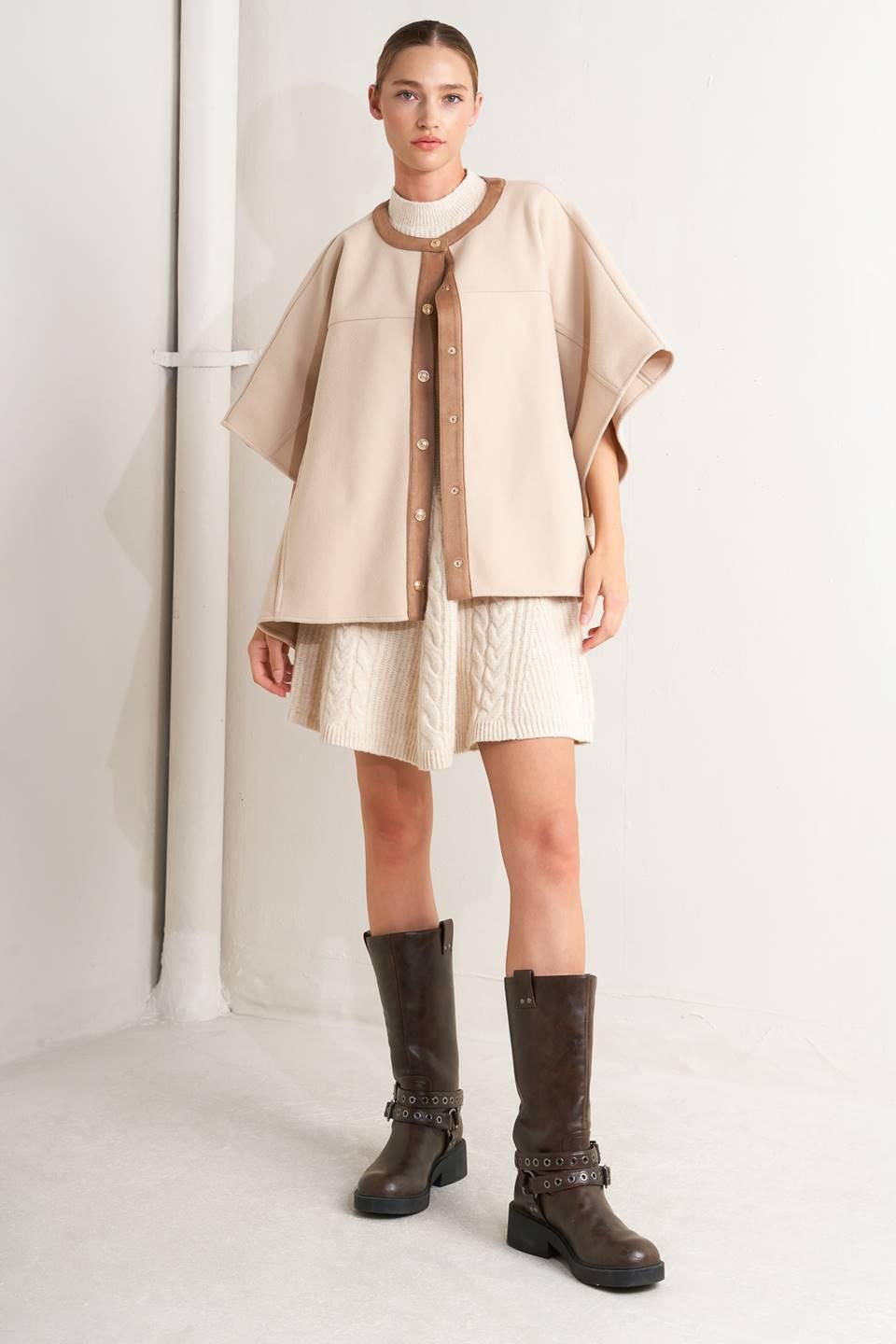 Timeless Elegance Woven Felt Capelet in taupe, view 2 — Soul Flow Apparel