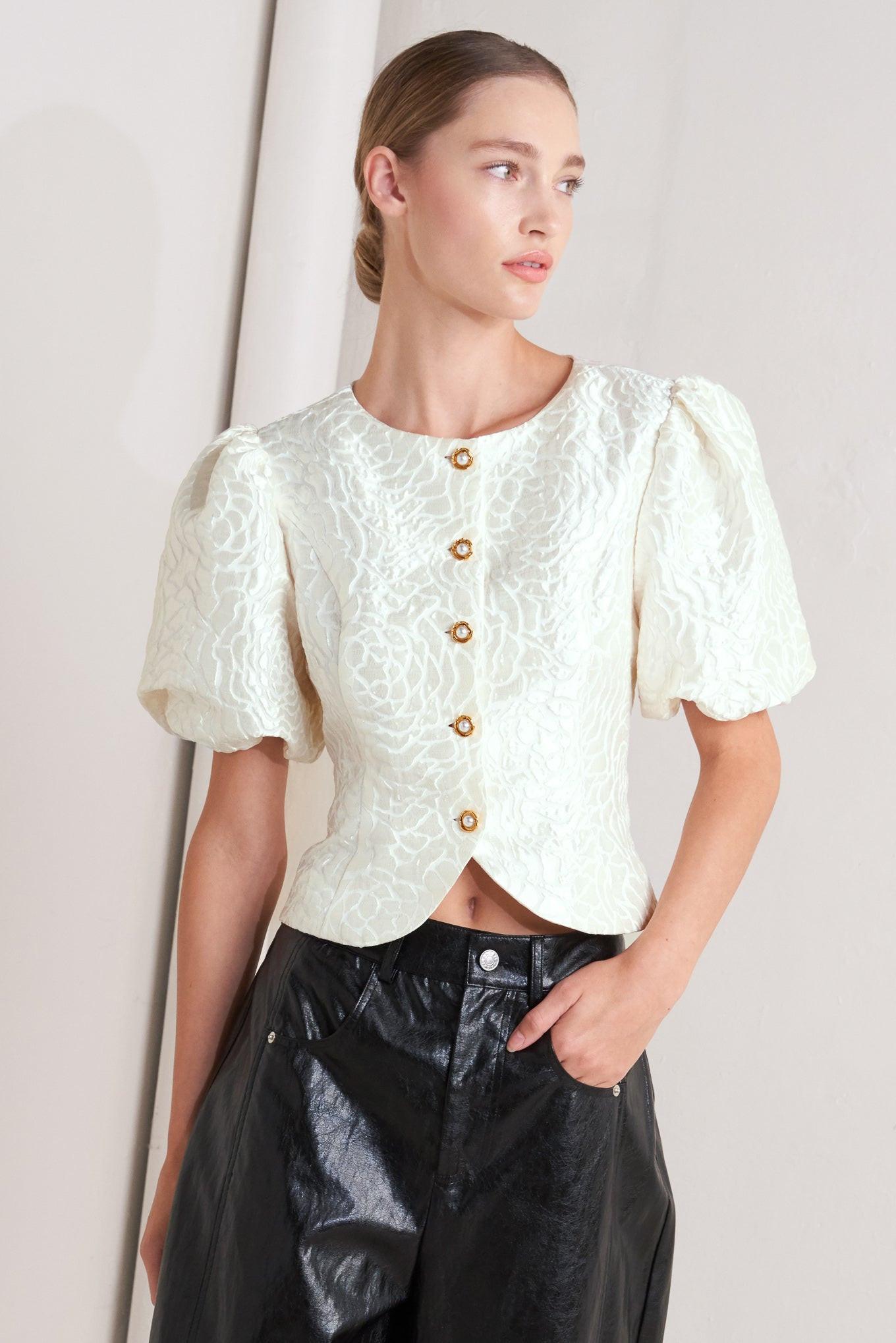 Rosé Texture Woven Top in cream, view 1 — Soul Flow Apparel