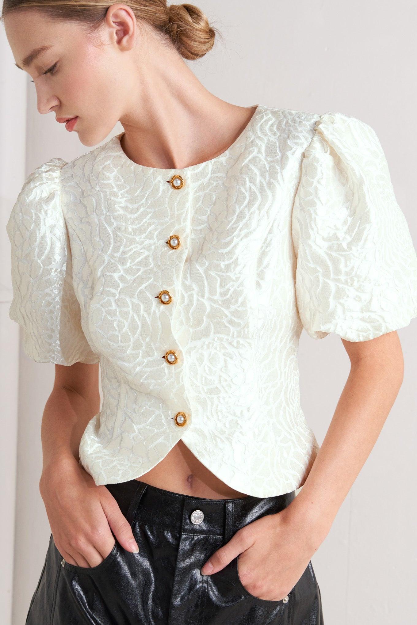 Rosé Texture Woven Top in cream, view 3 — Soul Flow Apparel