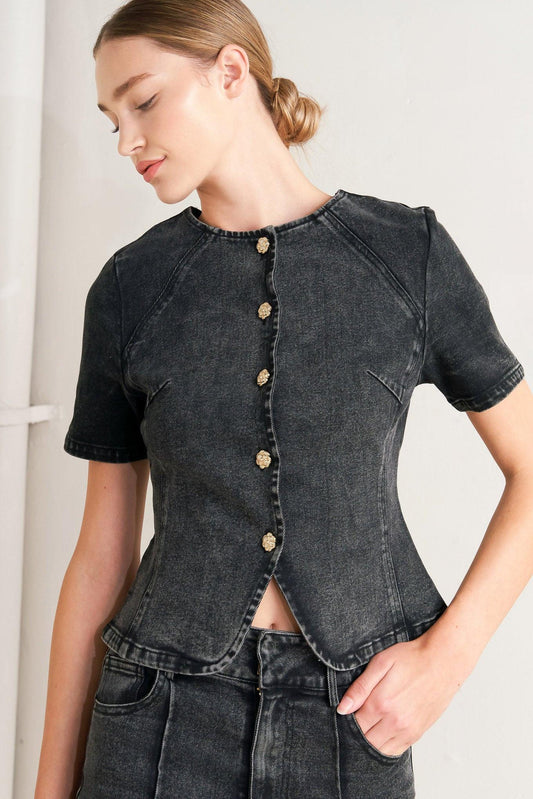 Elegant Everyday Look Denim Jacket in black, view 1 — Soul Flow Apparel