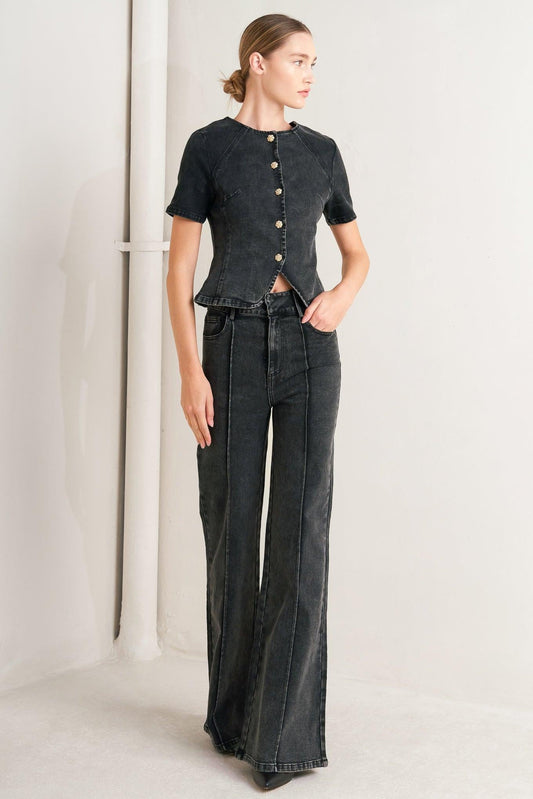 Elegant Everyday Look Denim Jacket in black, view 3 — Soul Flow Apparel