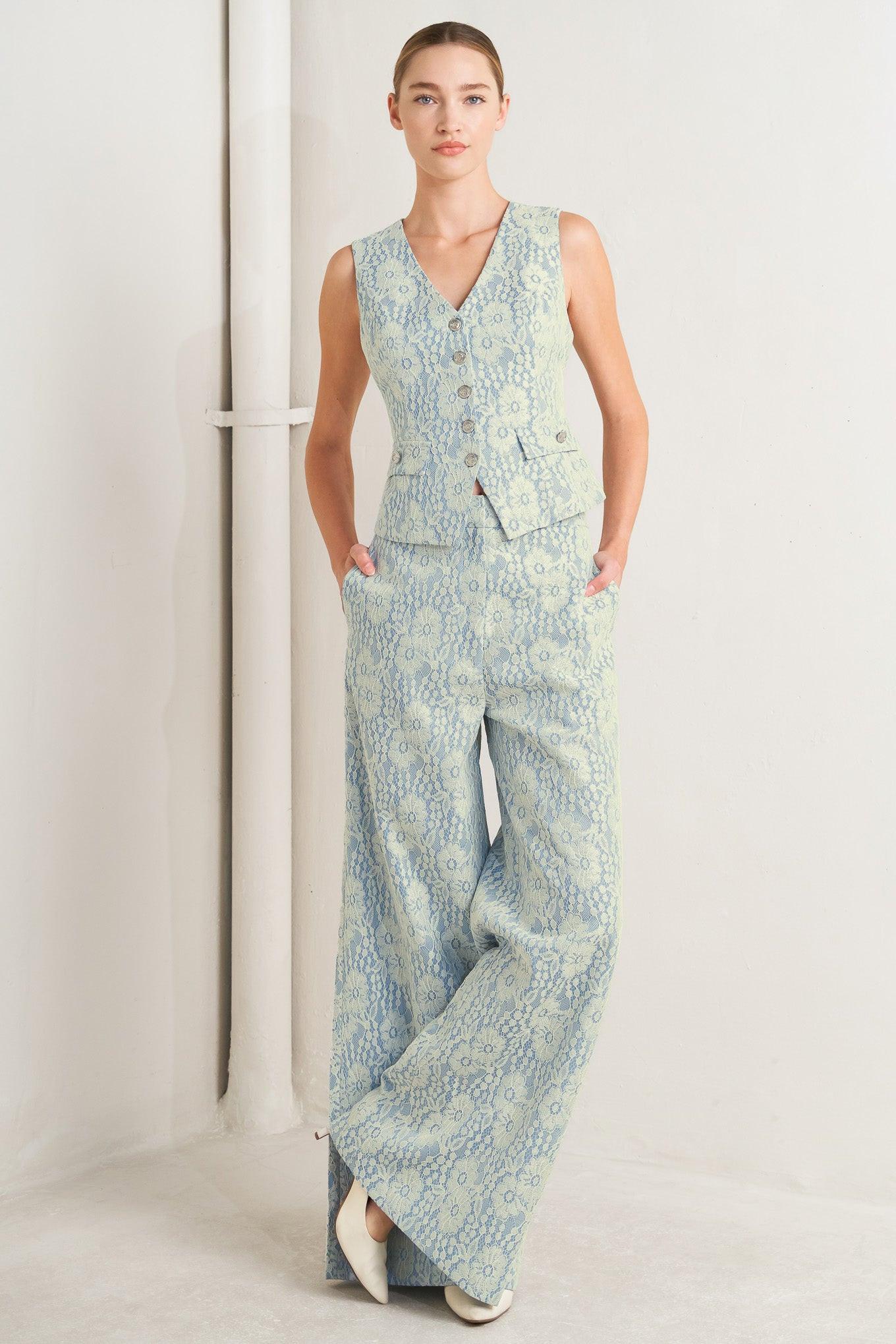 Easy Elegance Woven Lace Vest in cream light blue, view 2 — Soul Flow Apparel