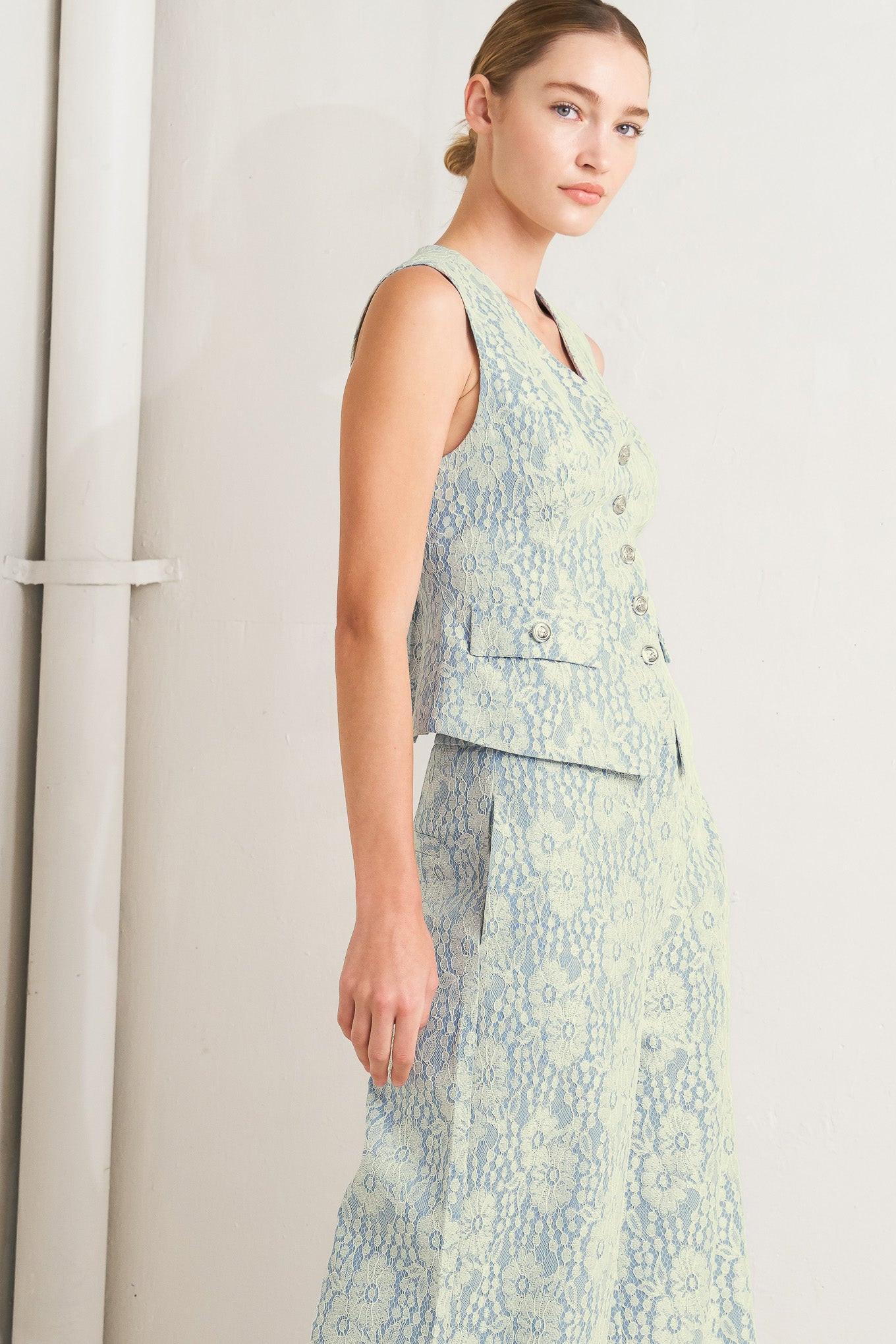 Easy Elegance Woven Lace Vest in cream light blue, view 3 — Soul Flow Apparel