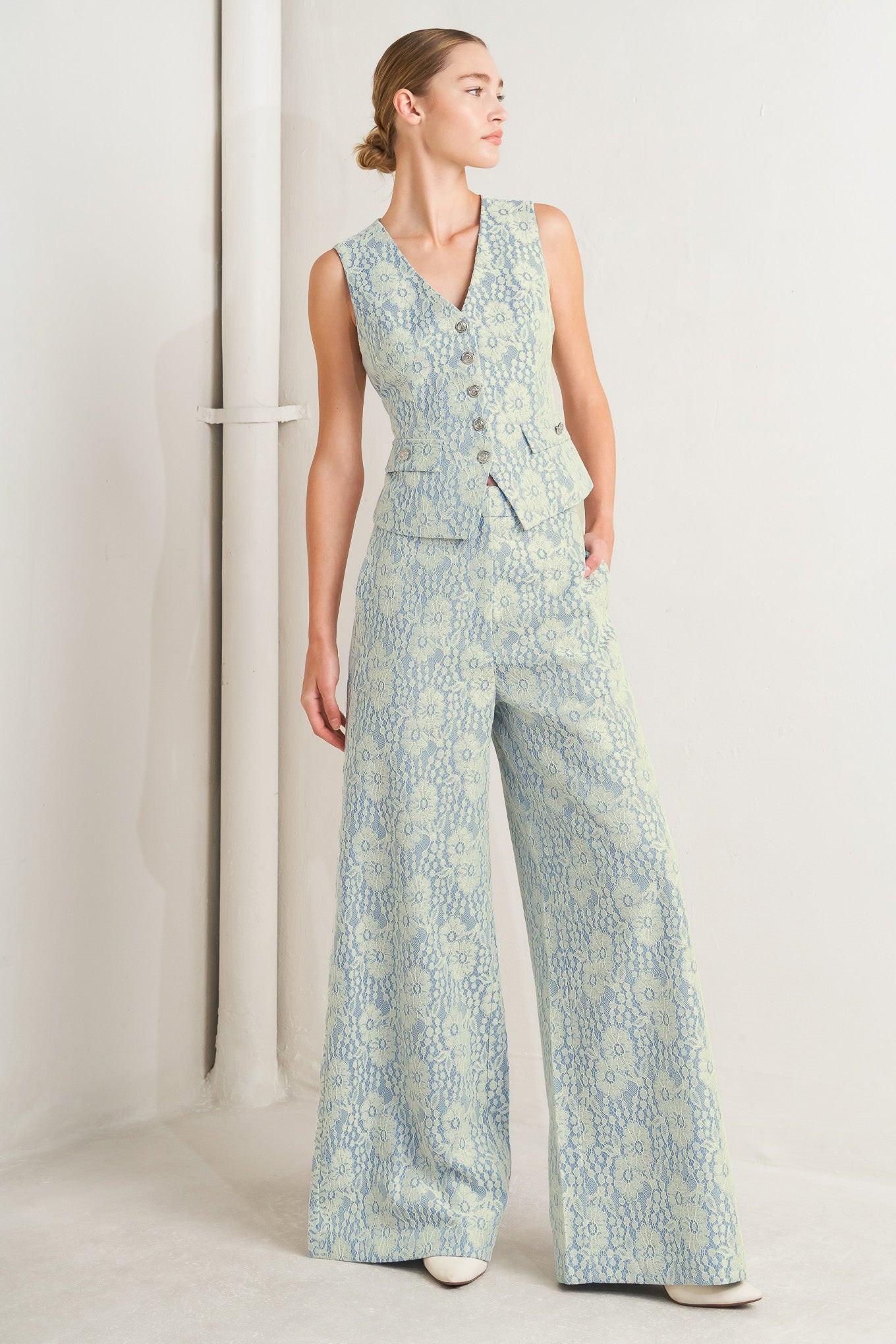 Easy Elegance Woven Lace Vest in cream light blue, view 4 — Soul Flow Apparel