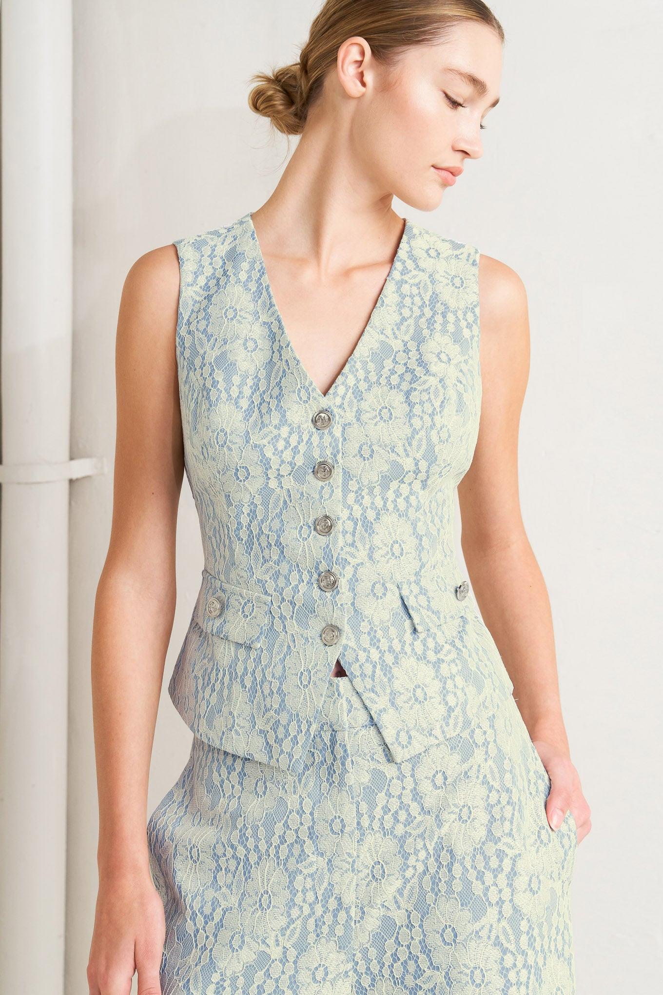 Easy Elegance Woven Lace Vest in cream light blue, view 5 — Soul Flow Apparel